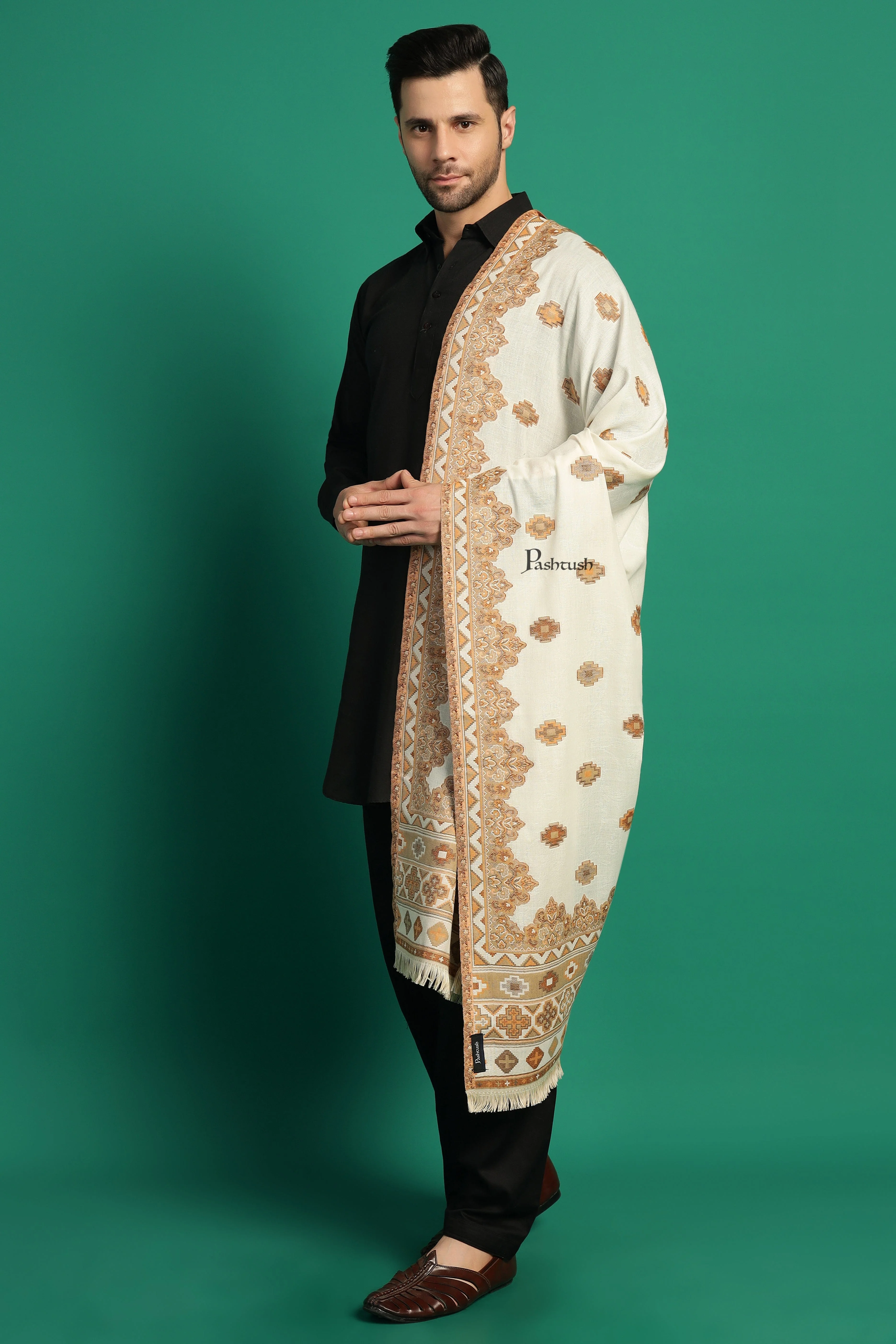 Pashtush Mens Faux Pashmina Stole, Aztec Design Design, Ivory