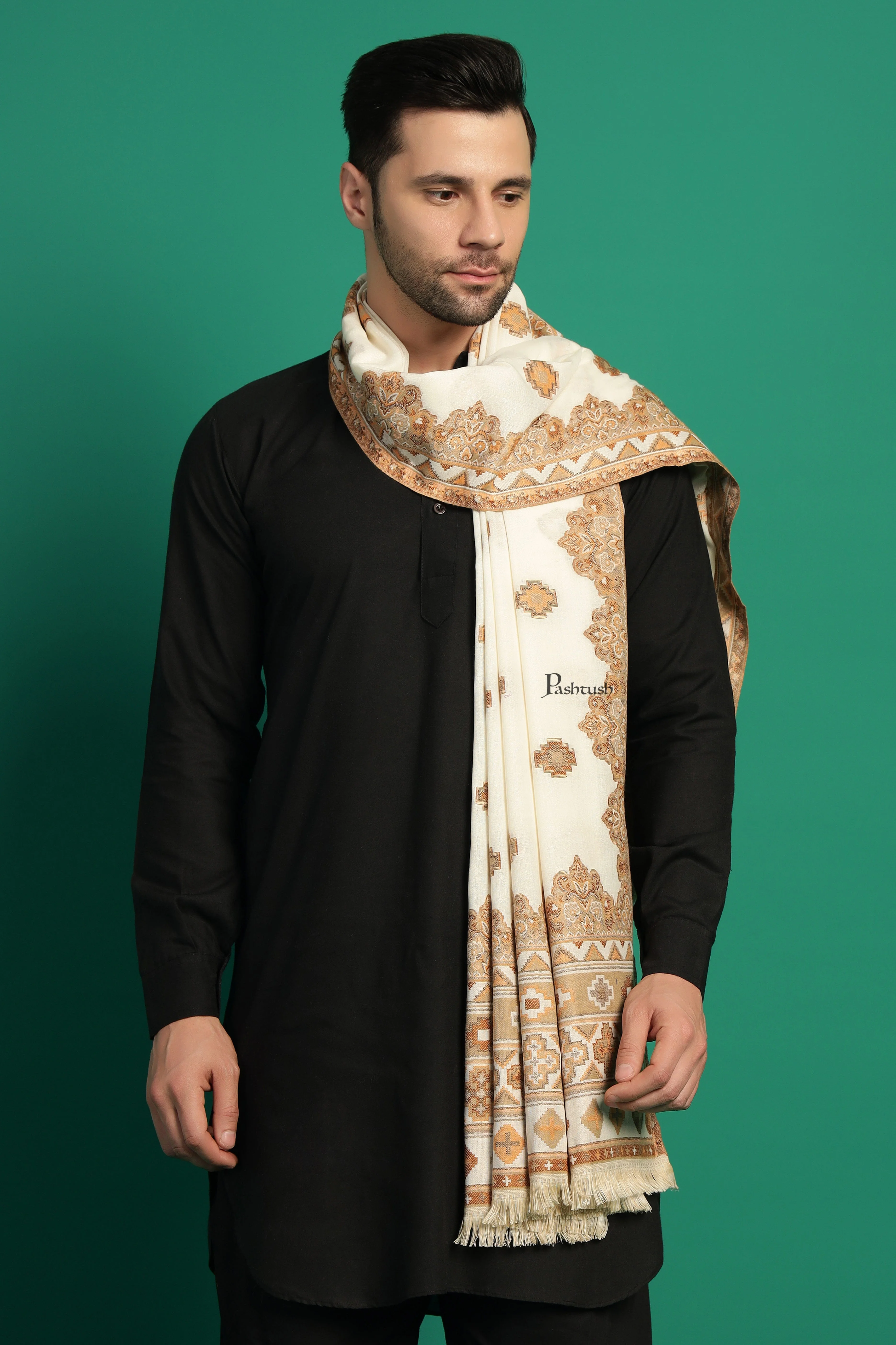 Pashtush Mens Faux Pashmina Stole, Aztec Design Design, Ivory - Image 6