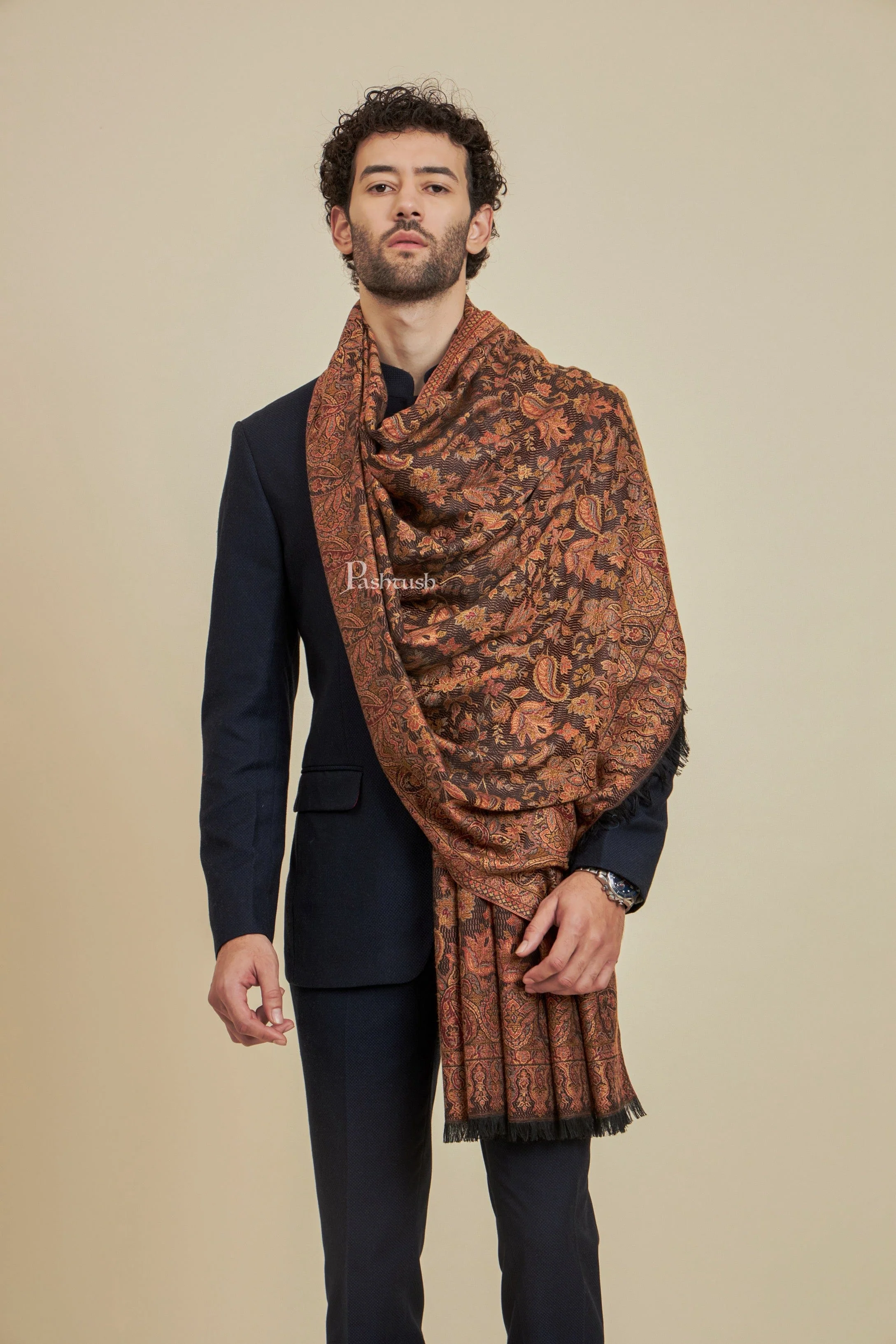 Pashtush Mens Faux Pashmina Stole, Design, Black