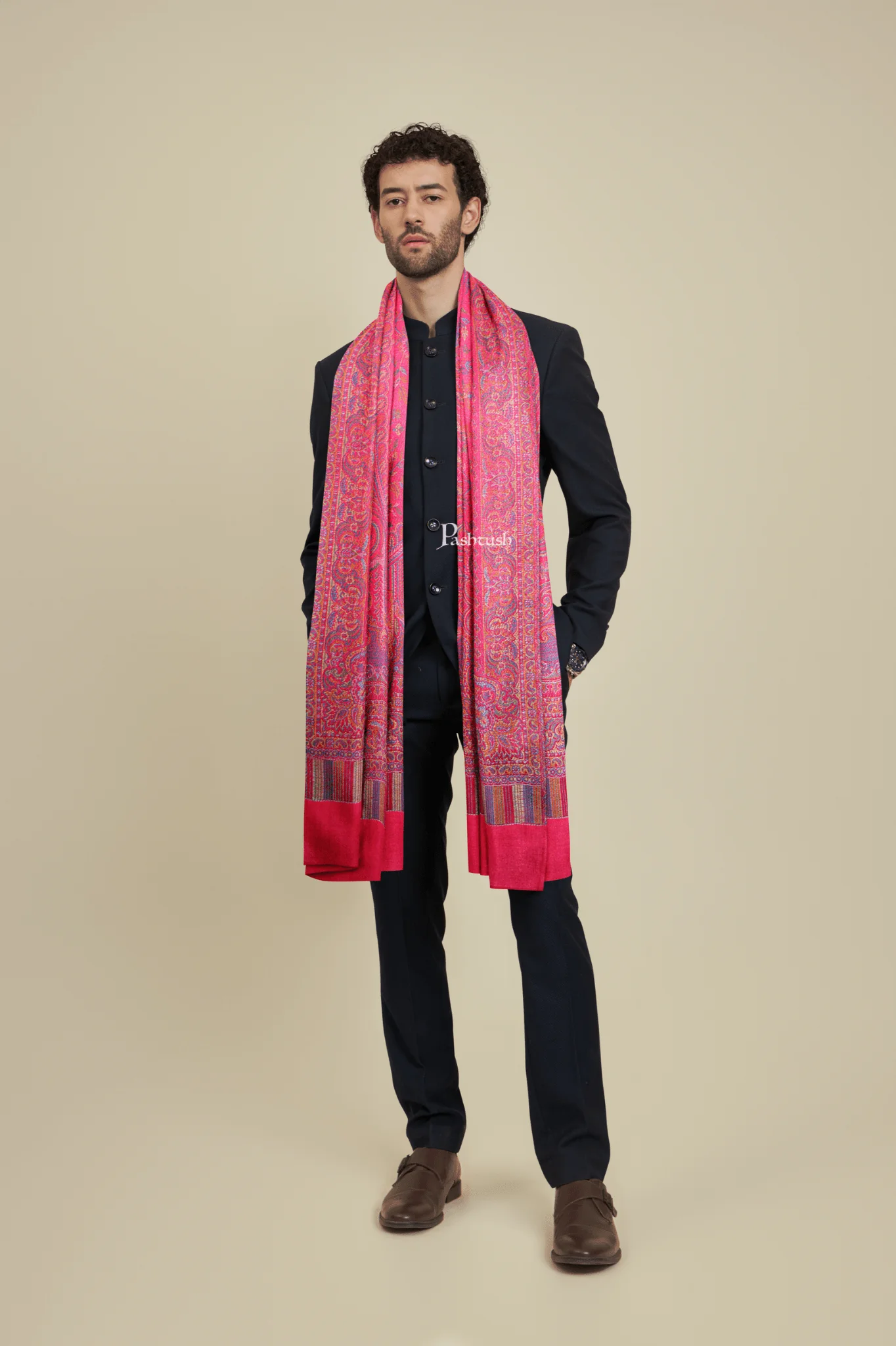 Pashtush Mens Faux Pashmina Stole, Design, Dark Pink