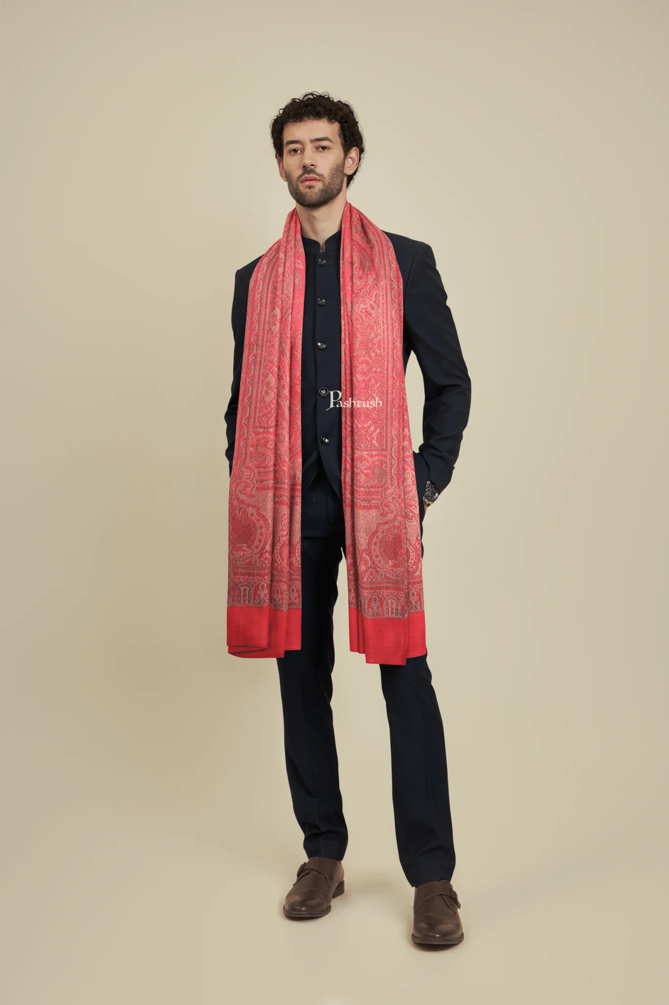 Pashtush Mens Faux Pashmina Stole, Design, Maroon - Image 4