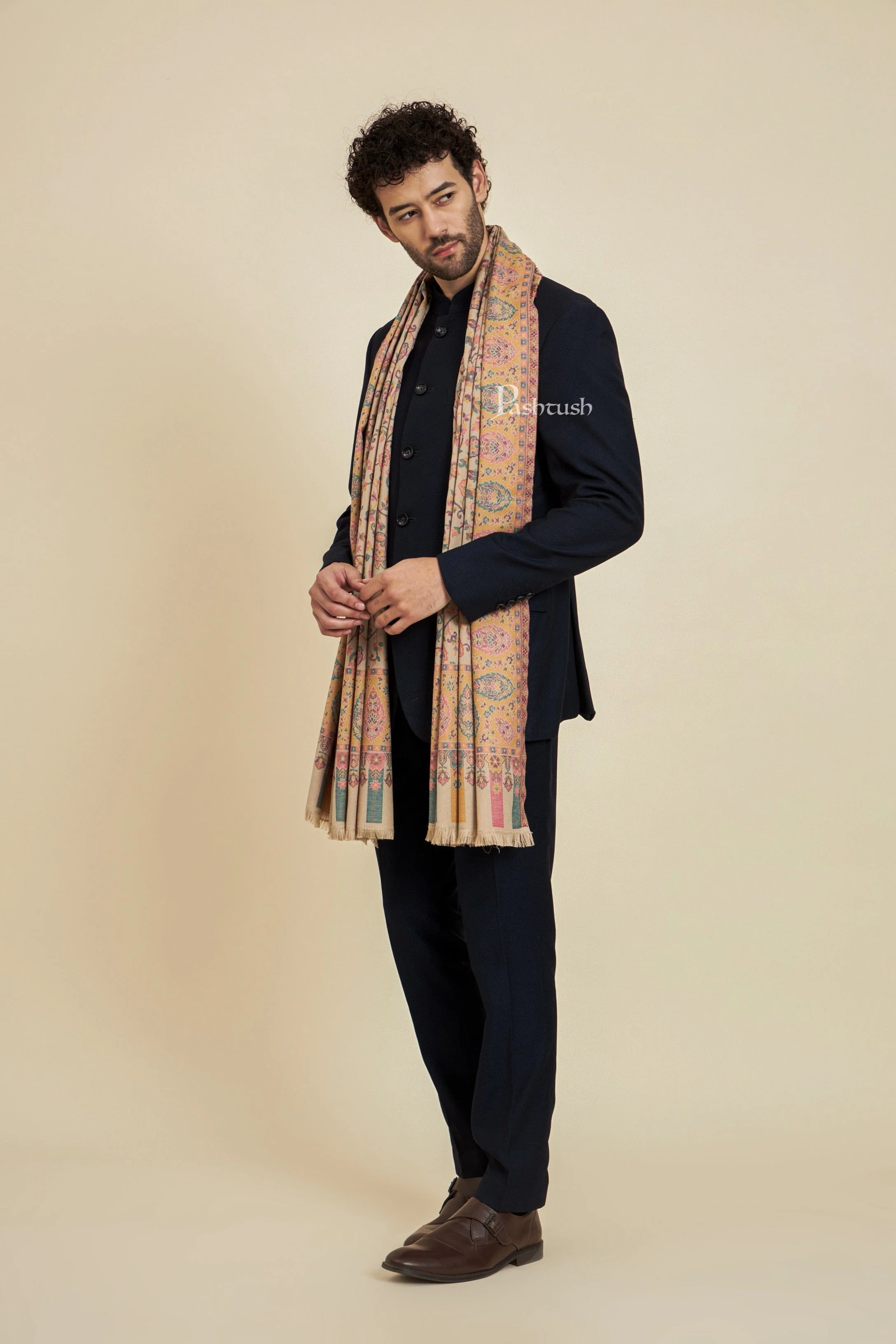 Pashtush Mens Faux Pashmina Stole, Ethnic Design, Beige - Image 5