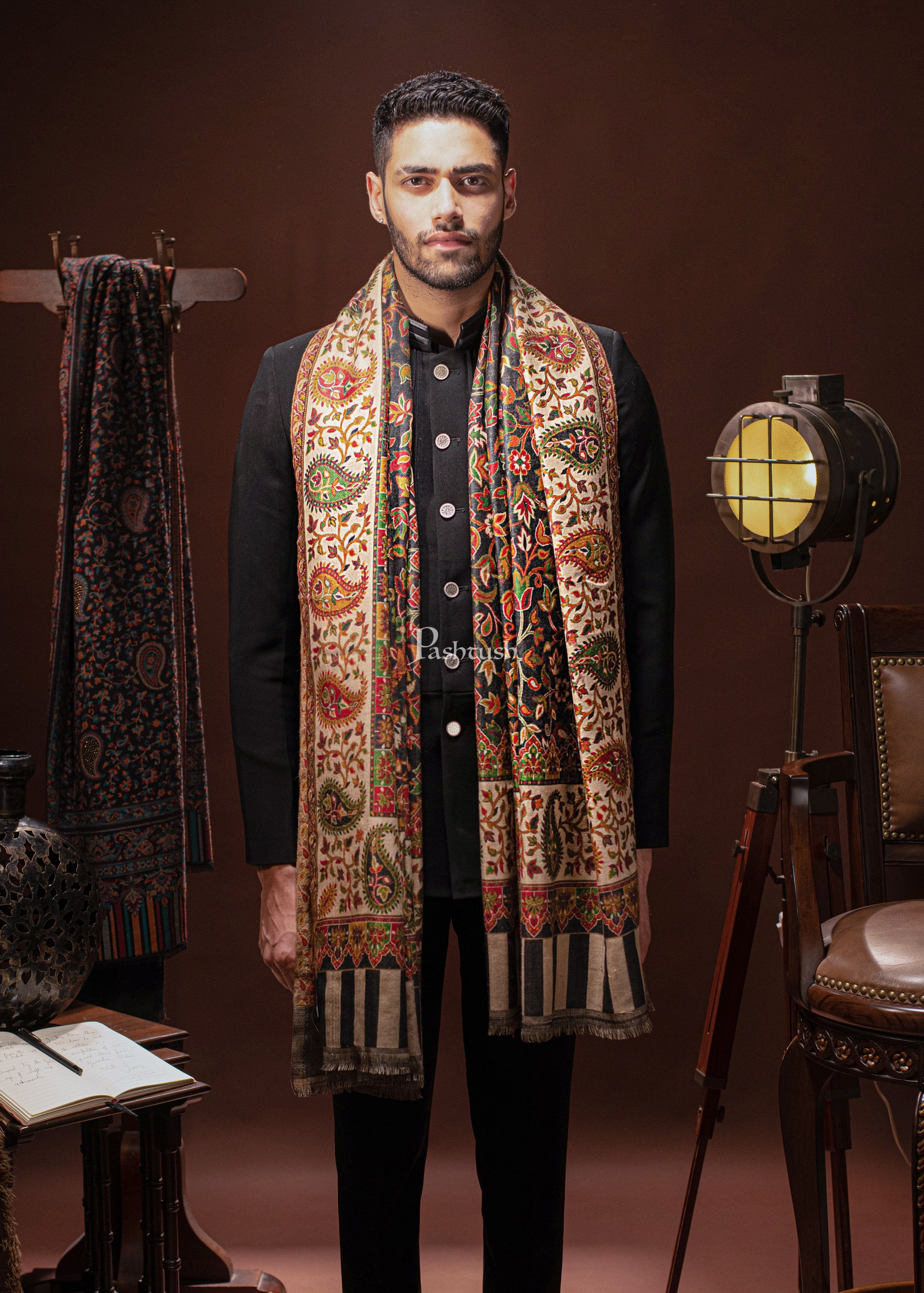 Pashtush mens Faux Pashmina stole, Ethnic design, Beige