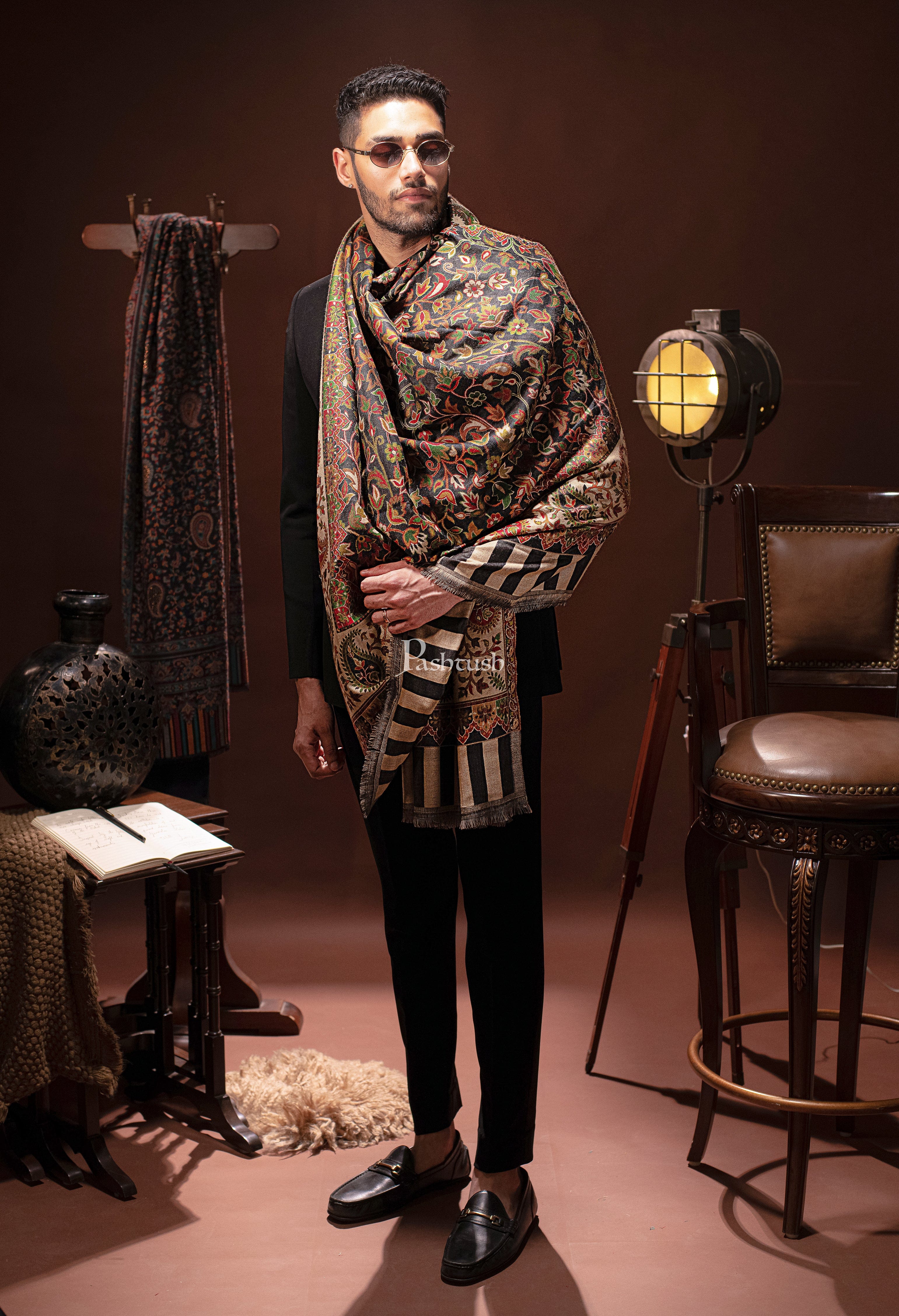 Pashtush mens Faux Pashmina stole, Ethnic design, Beige - Image 2