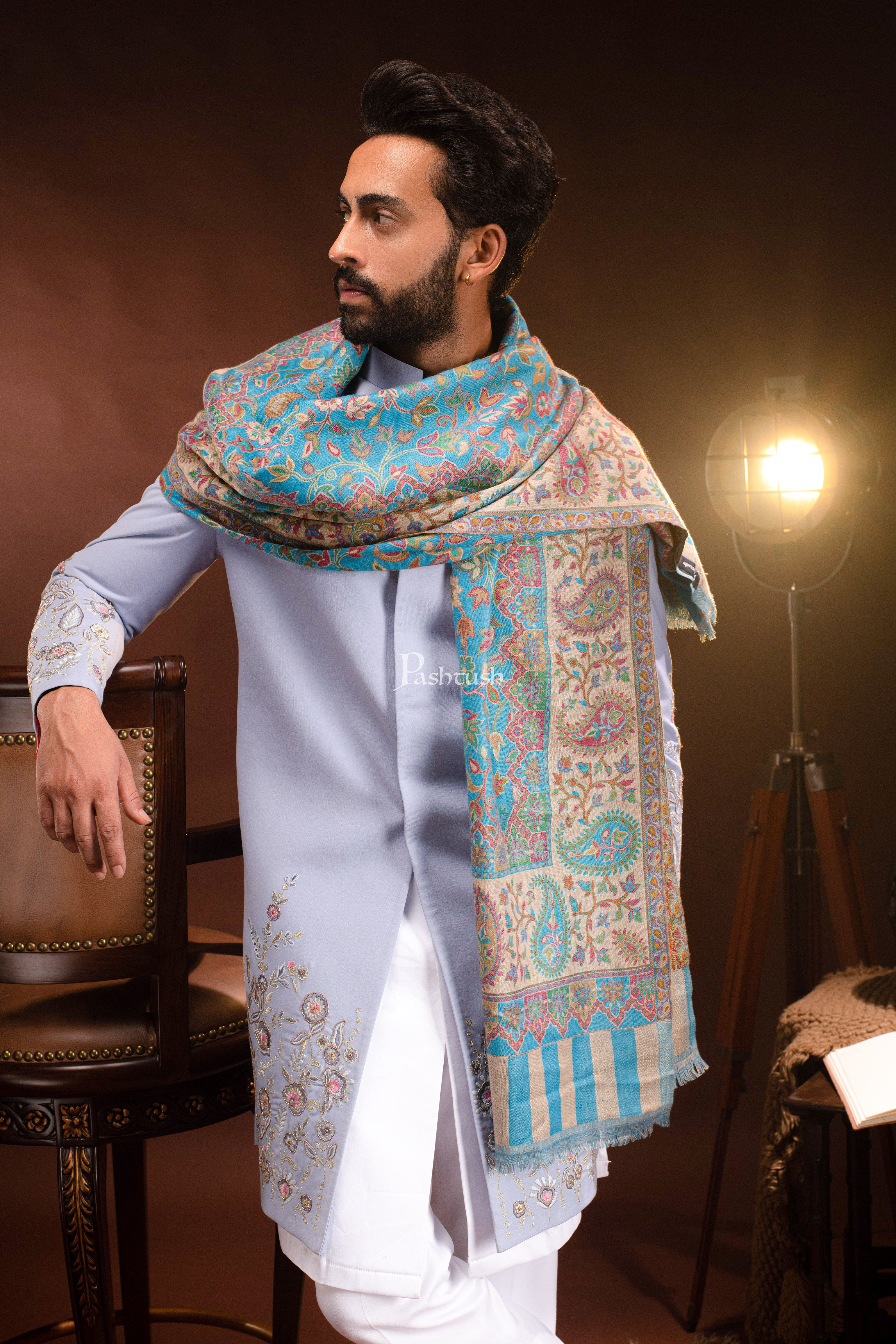 Pashtush mens Faux Pashmina stole, Ethnic design, Paradise Blue