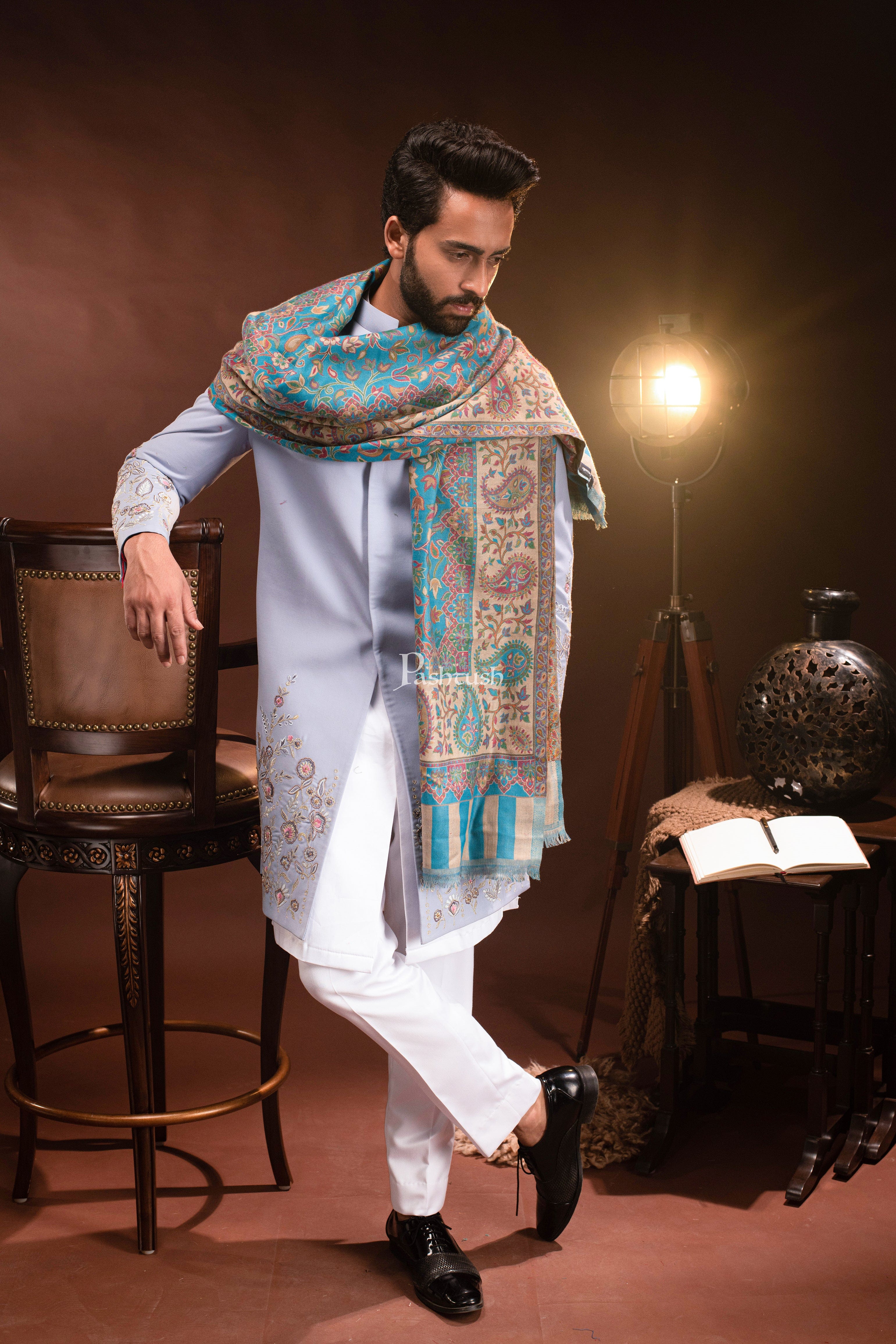 Pashtush mens Faux Pashmina stole, Ethnic design, Paradise Blue - Image 2