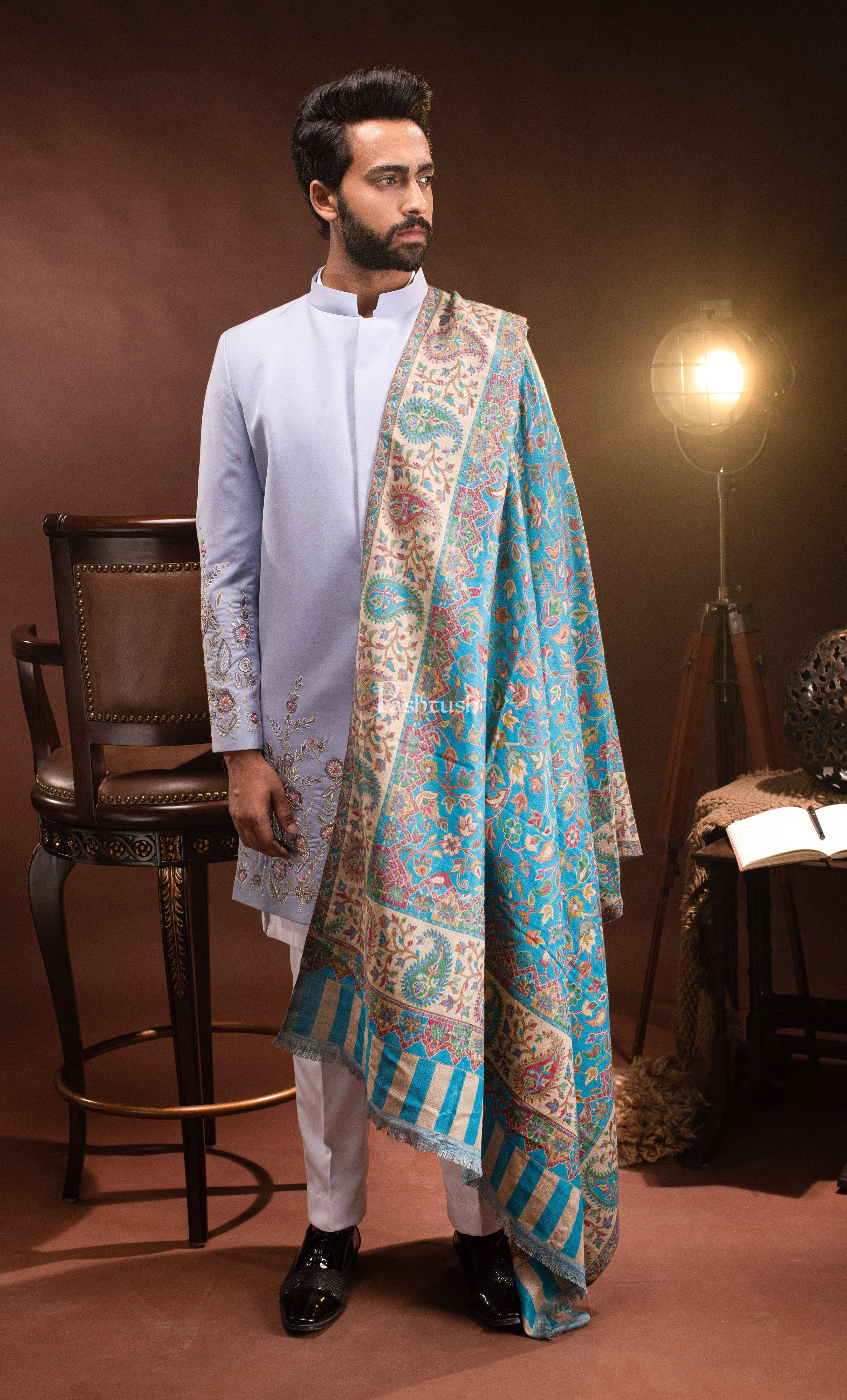 Pashtush mens Faux Pashmina stole, Ethnic design, Paradise Blue - Image 3