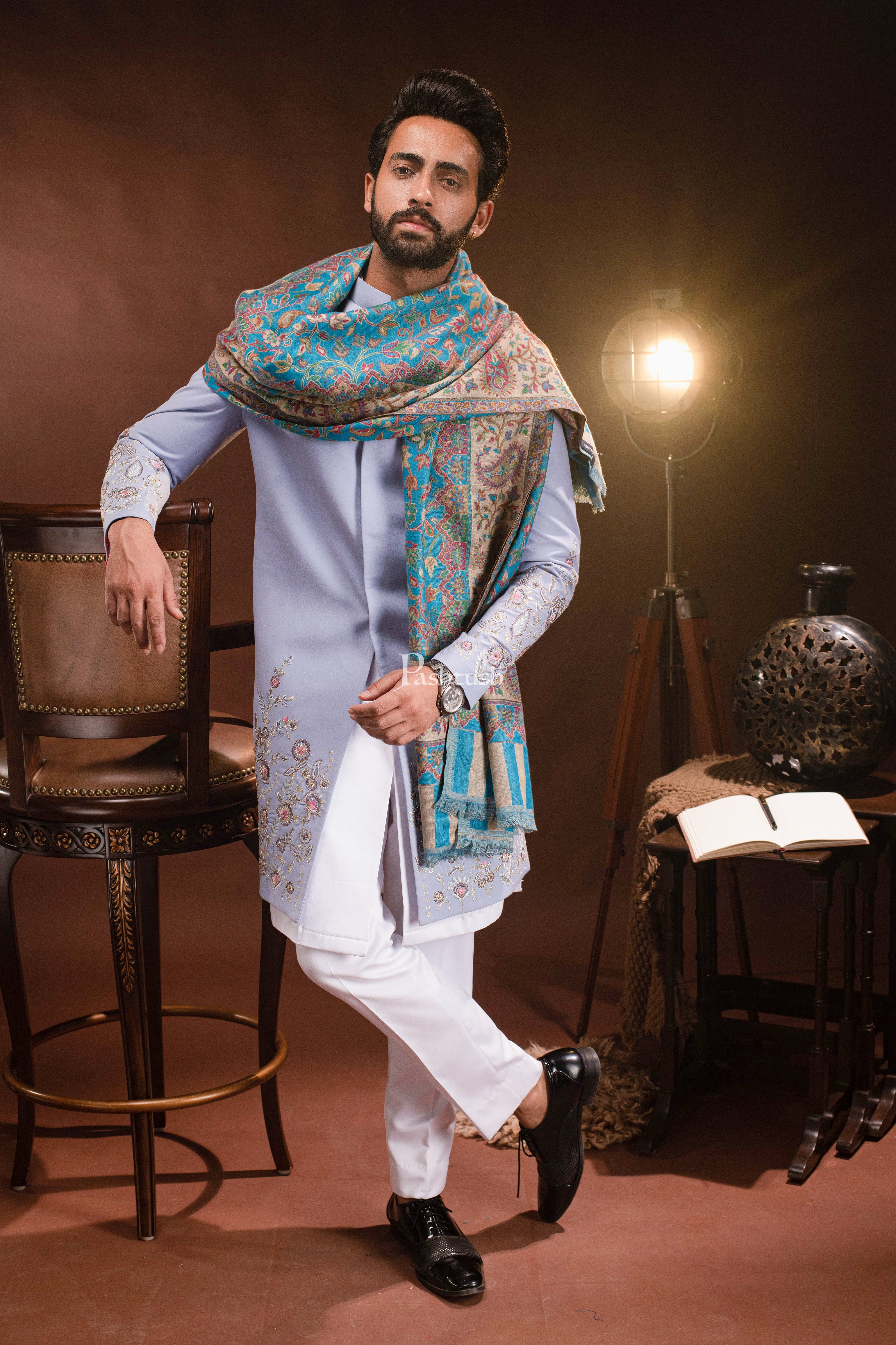 Pashtush mens Faux Pashmina stole, Ethnic design, Paradise Blue - Image 4