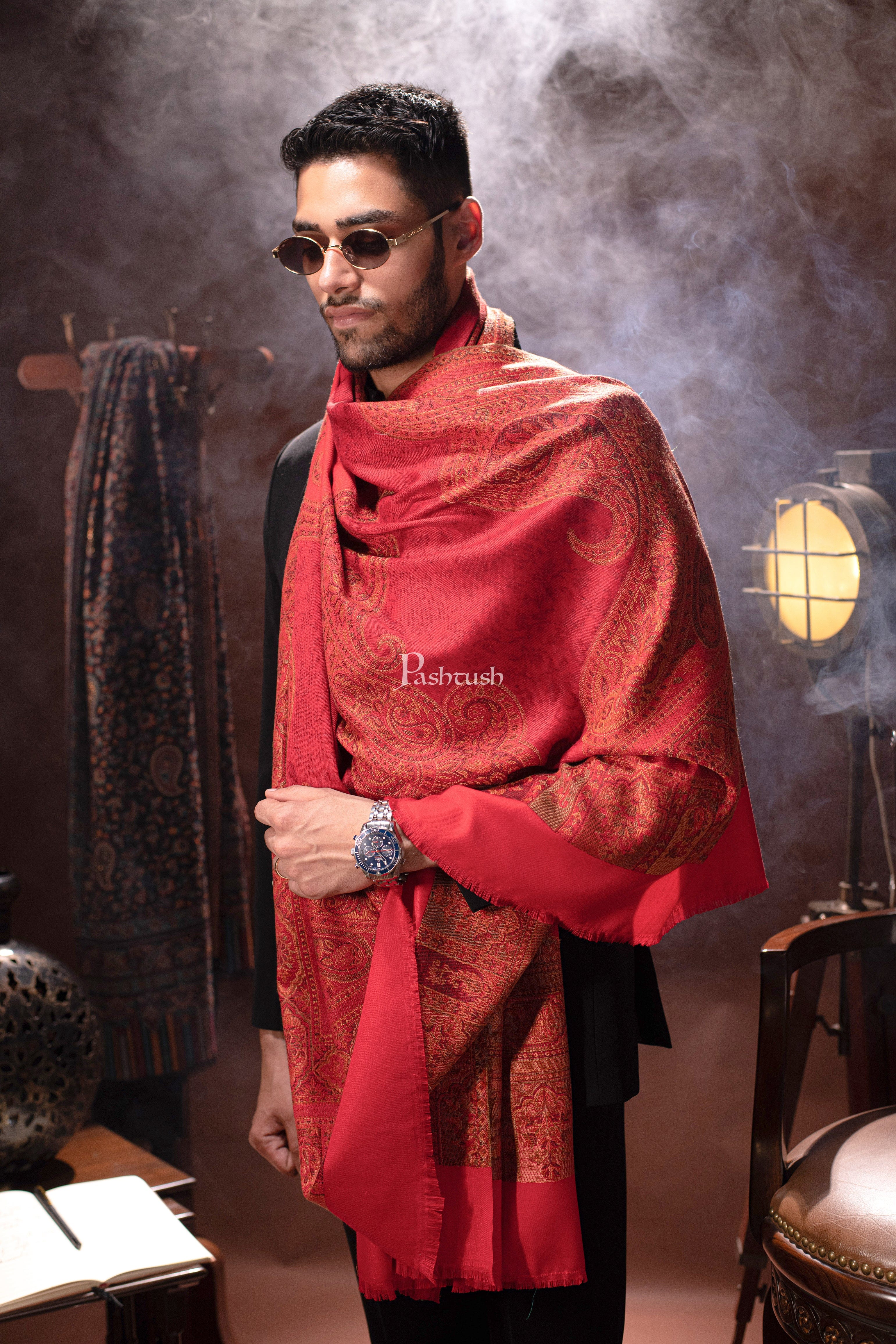 Pashtush mens Faux Pashmina stole, Ethnic design, Red