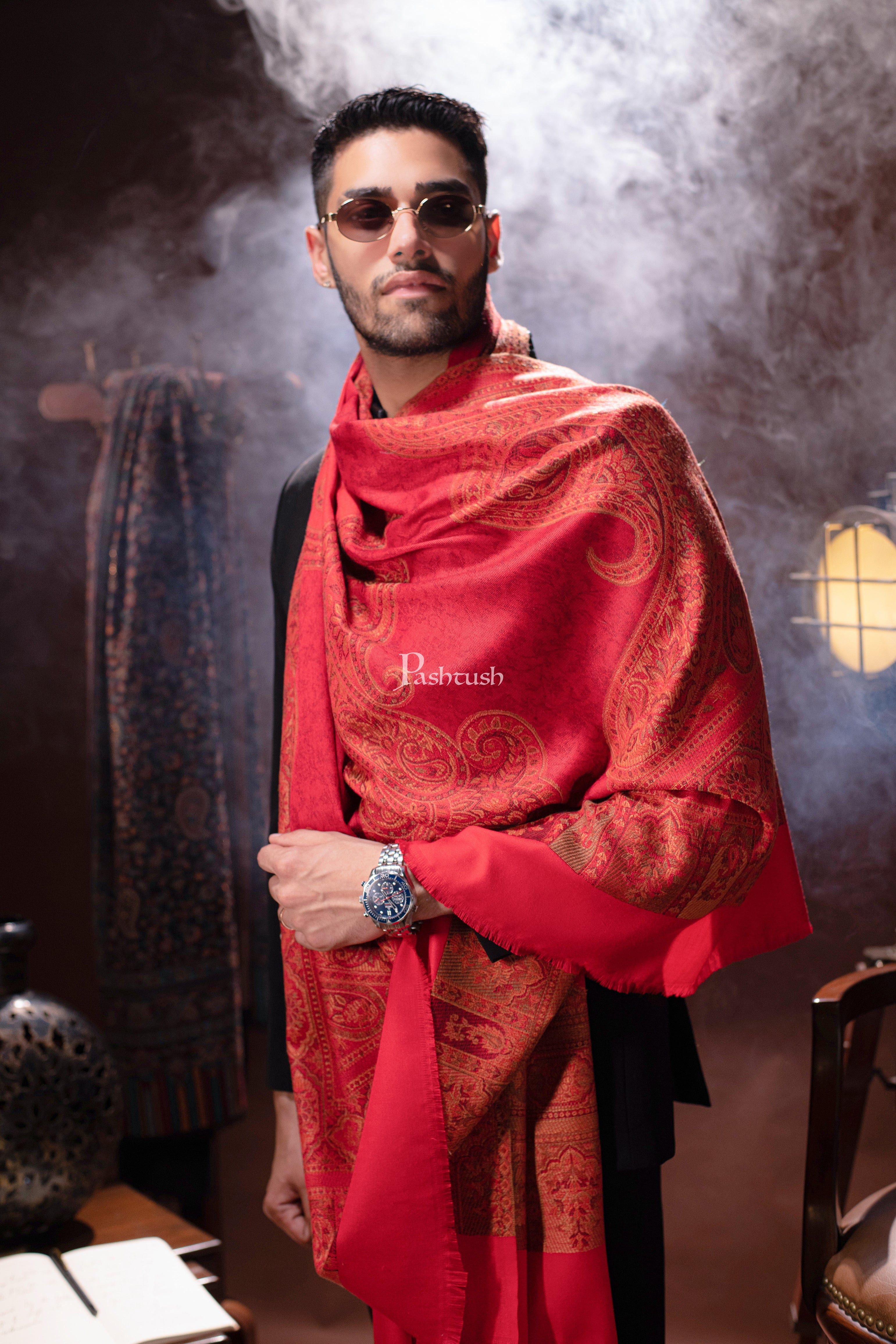 Pashtush mens Faux Pashmina stole, Ethnic design, Red - Image 2