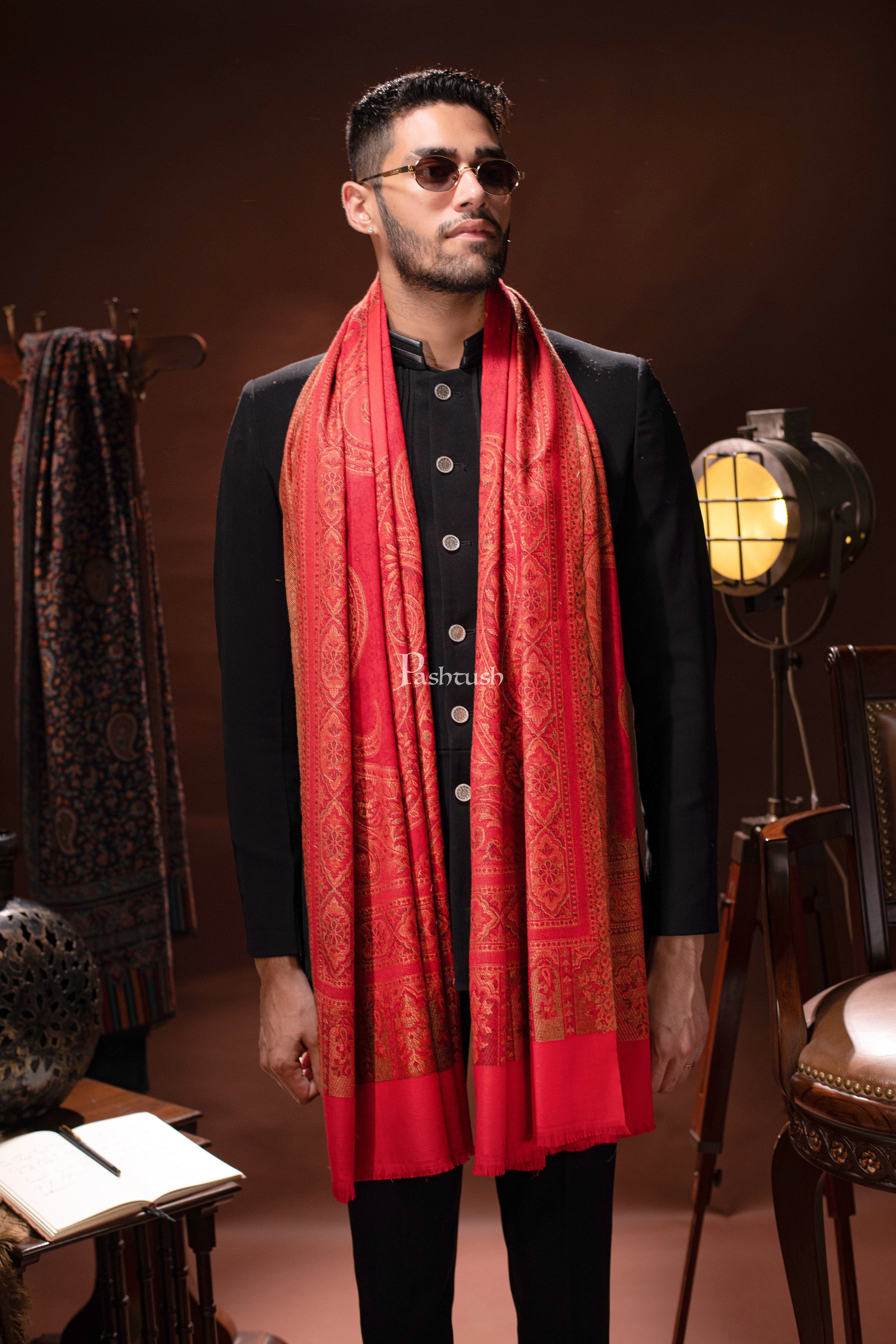 Pashtush mens Faux Pashmina stole, Ethnic design, Red - Image 5