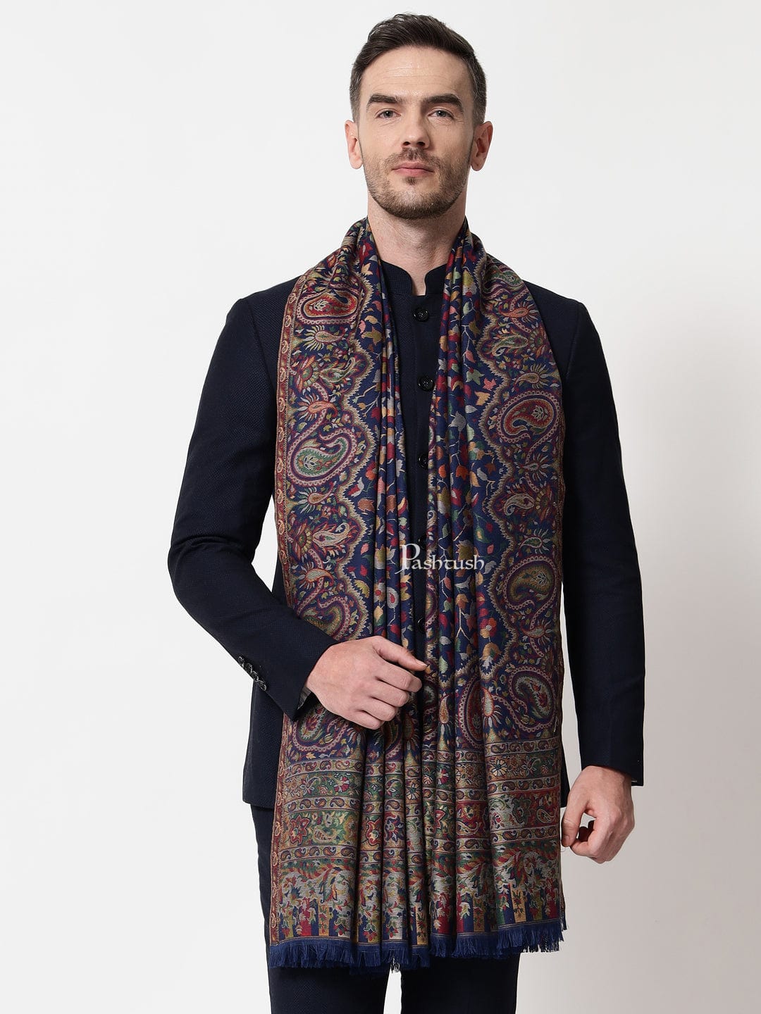 Pashtush mens faux pashmina stole, ethnic weave design, Navy Blue - Image 3