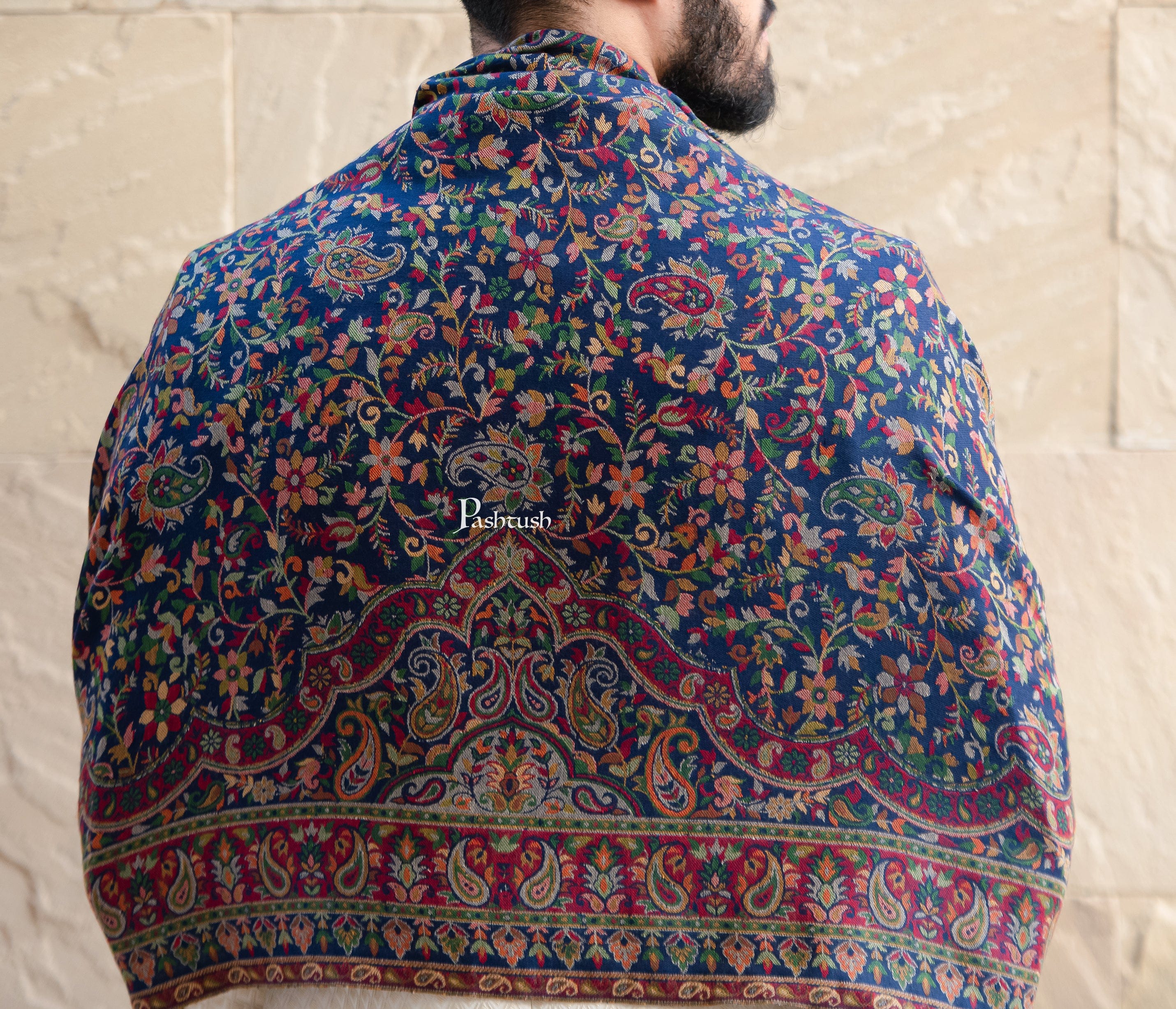Pashtush mens faux pashmina stole, ethnic weave design, Navy Blue - Image 3