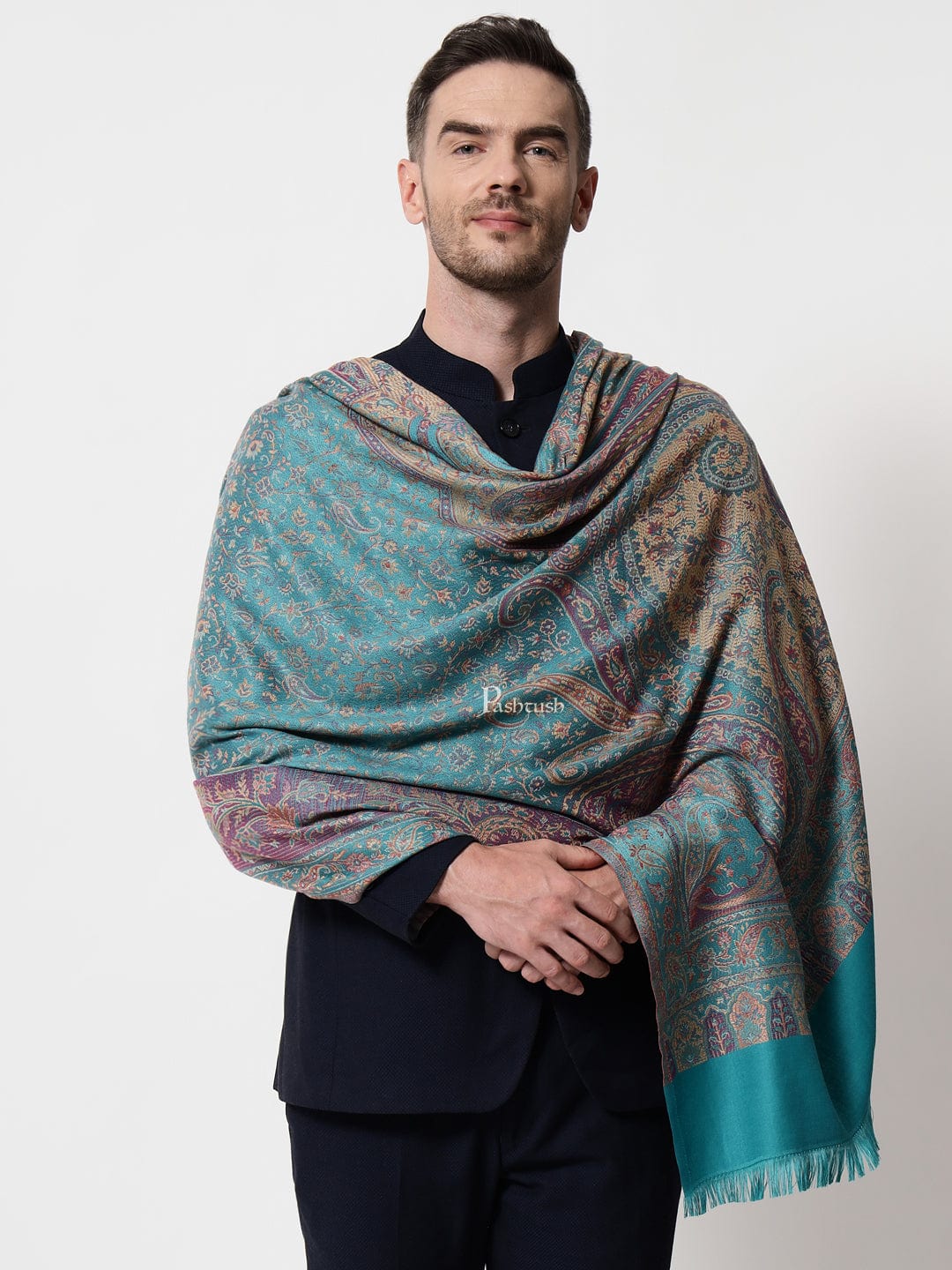 Pashtush mens Faux Pashmina stole, jacquard design, Blue - Image 4