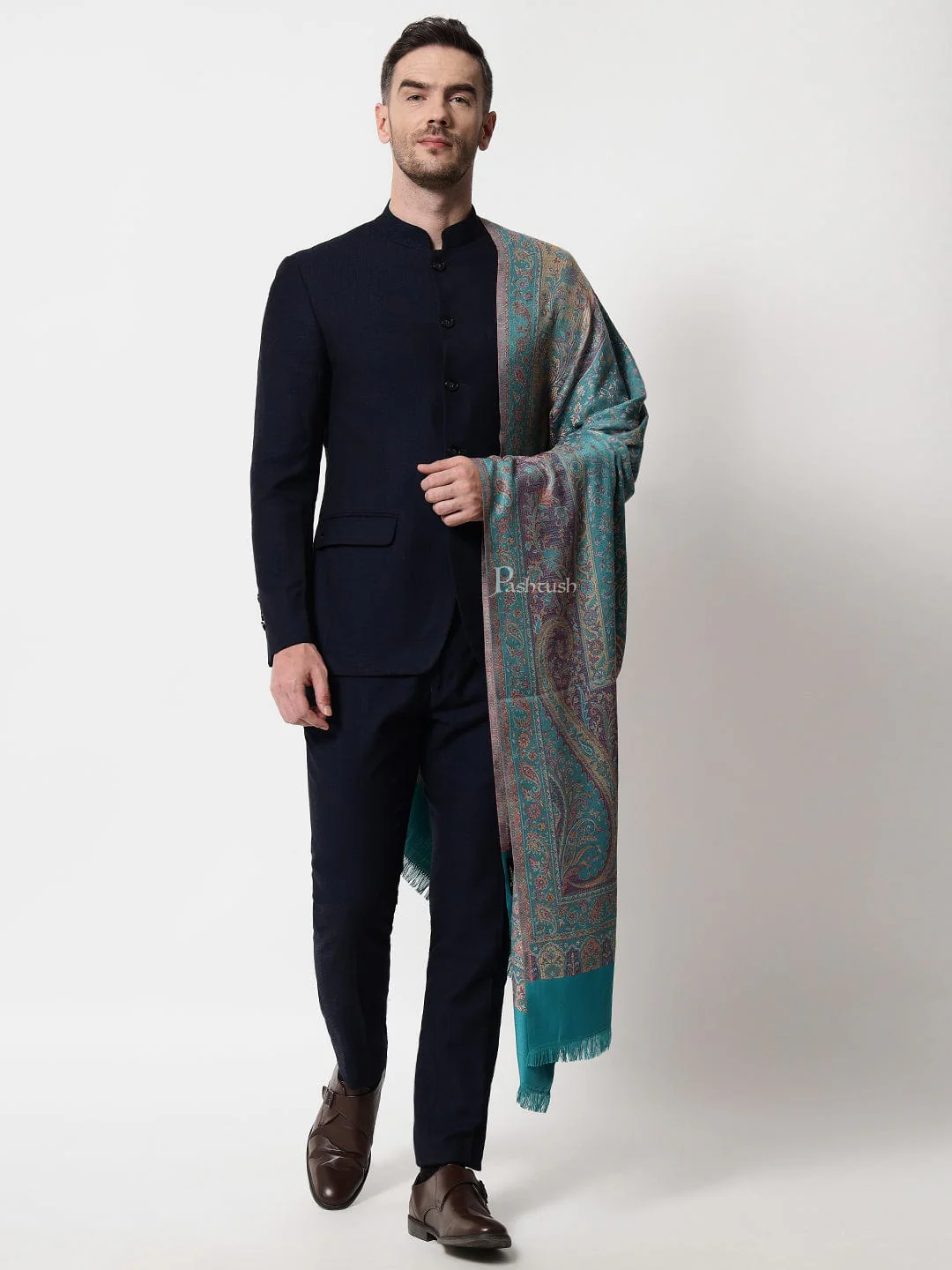 Pashtush mens Faux Pashmina stole, jacquard design, Blue - Image 5