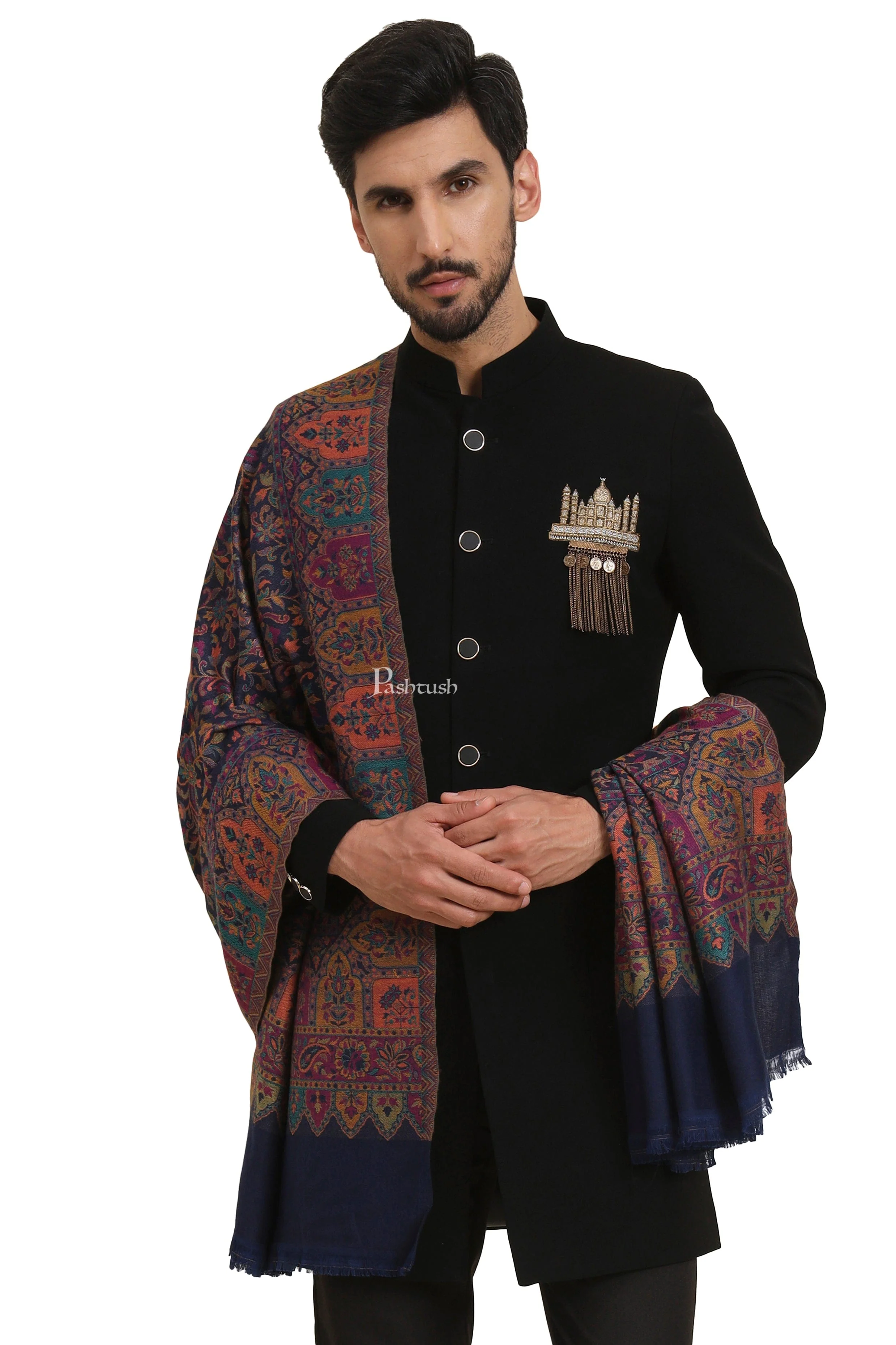 Pashtush Mens Faux Pashmina Stole, Jamawar Design, Blue