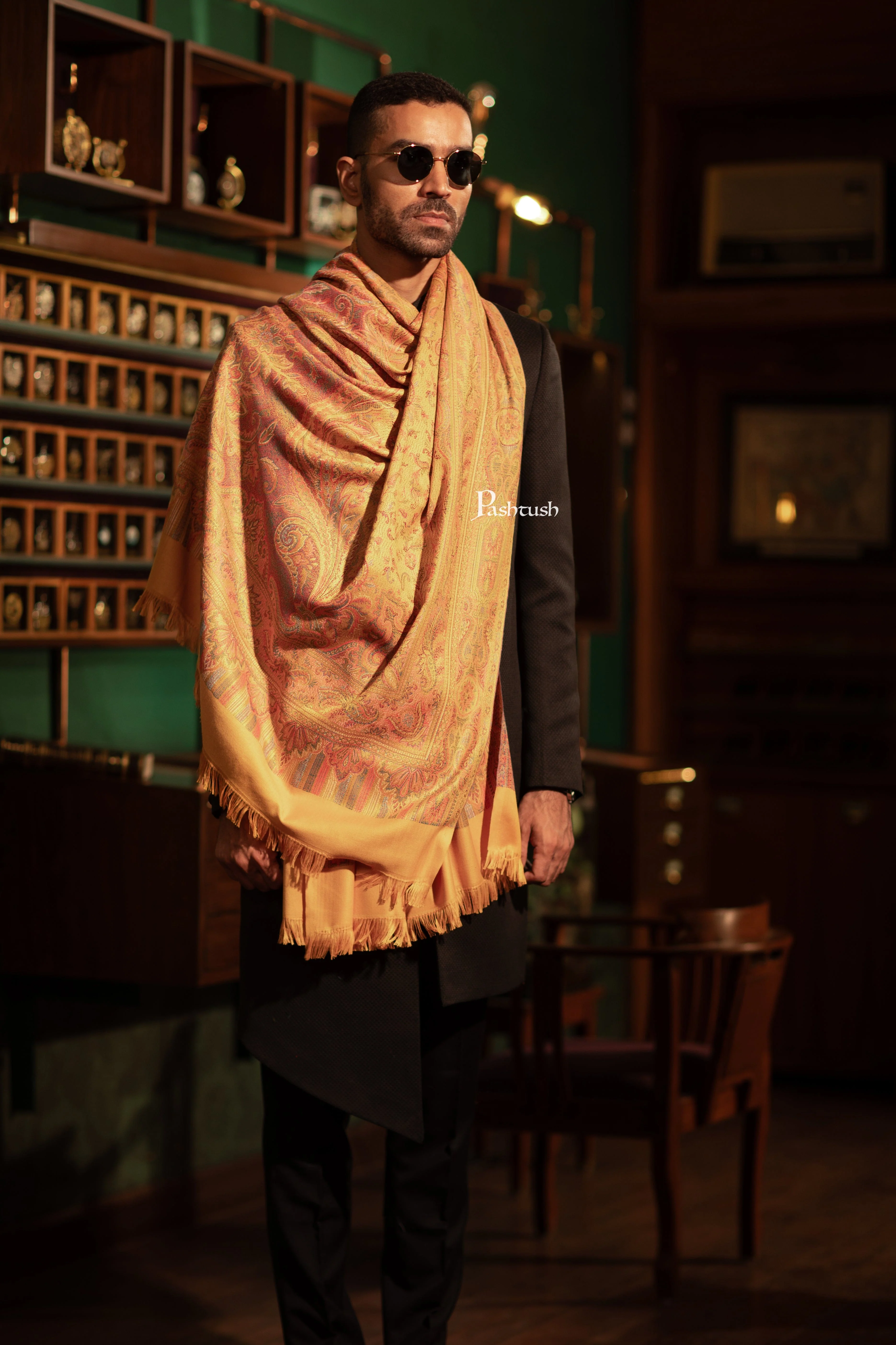 Pashtush Mens Faux Pashmina Stole, Jamawar Design, Mustard - Image 4