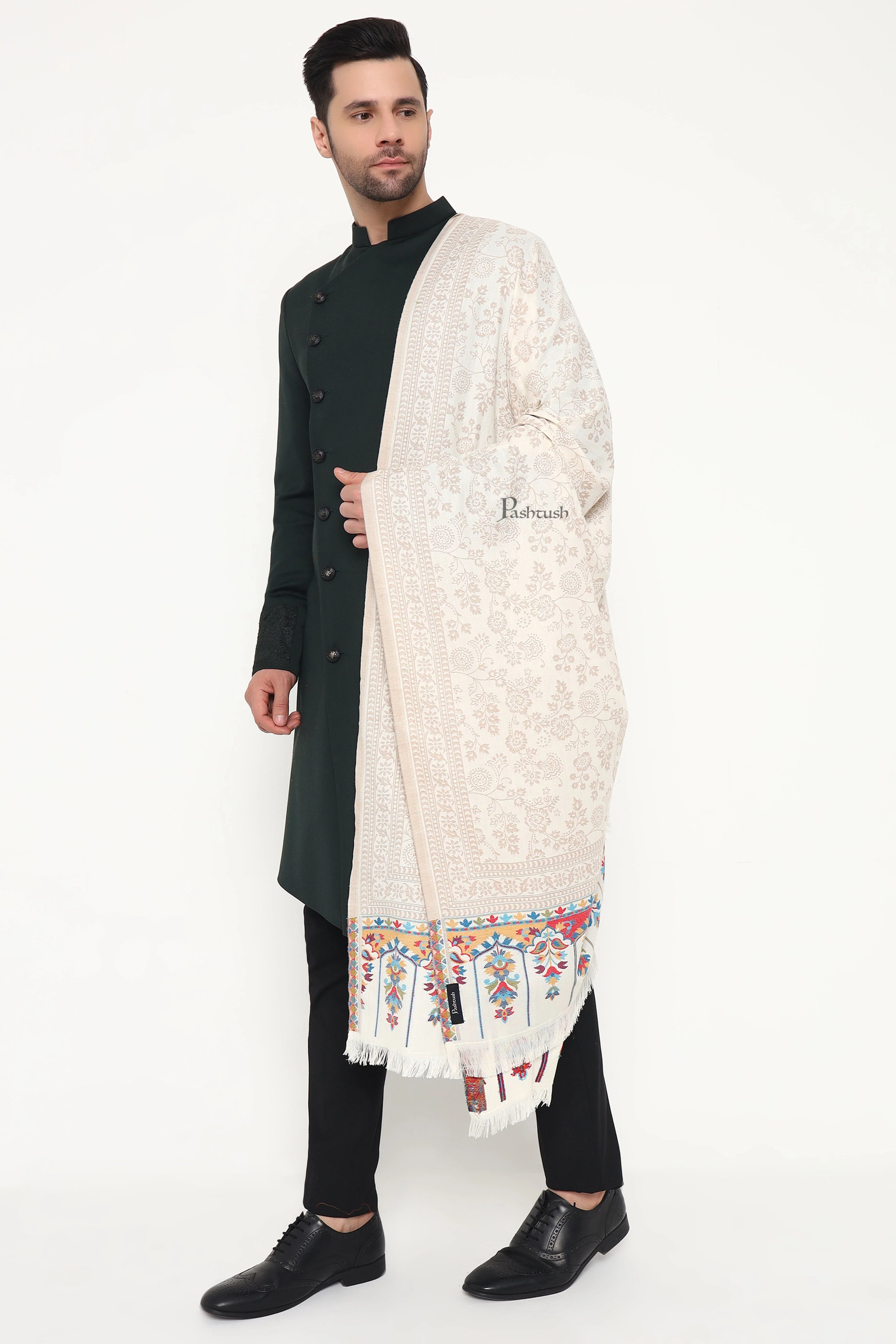Pashtush Mens Faux Pashmina Stole, Paisley Weave Design, Ivory