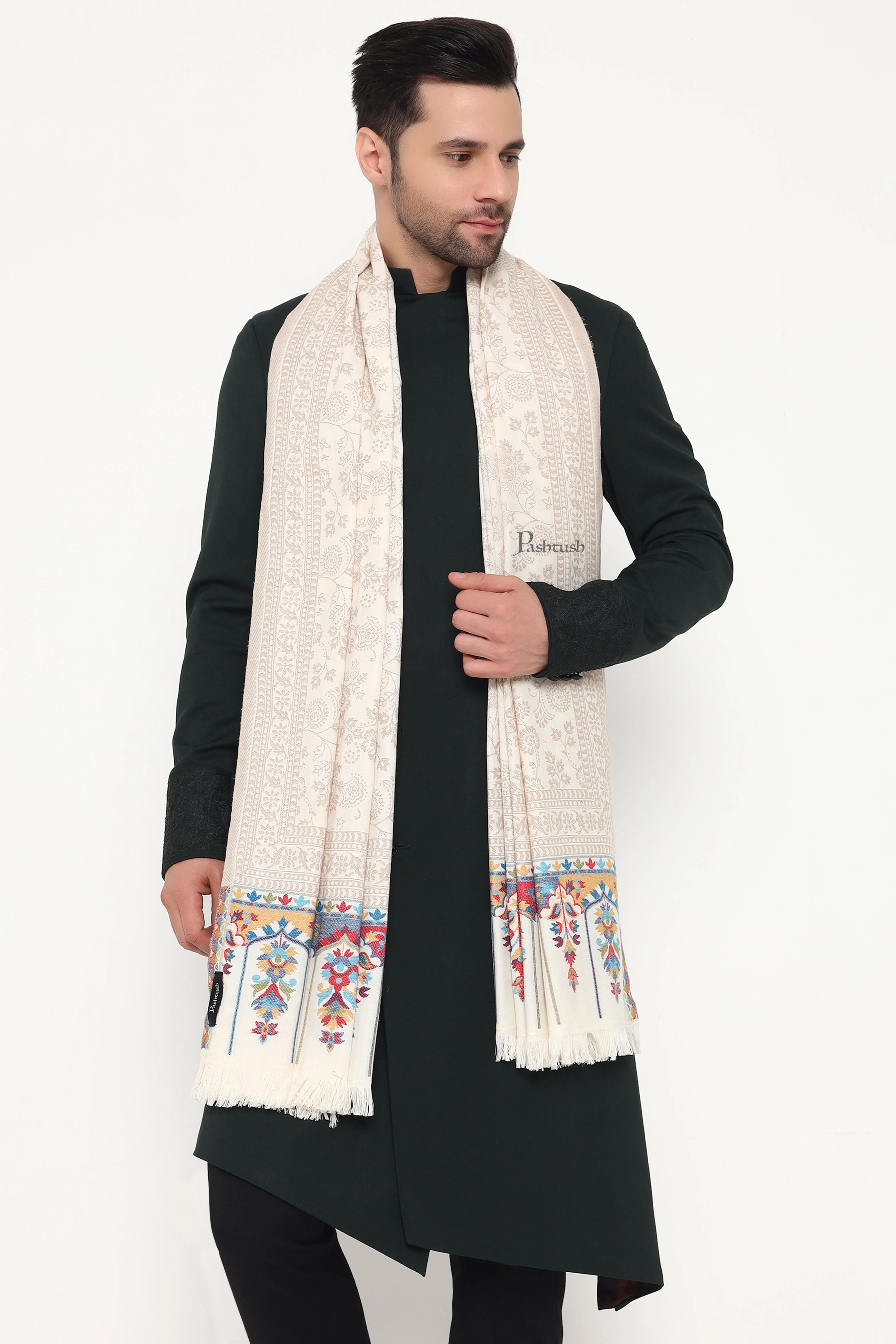 Pashtush Mens Faux Pashmina Stole, Paisley Weave Design, Ivory - Image 3