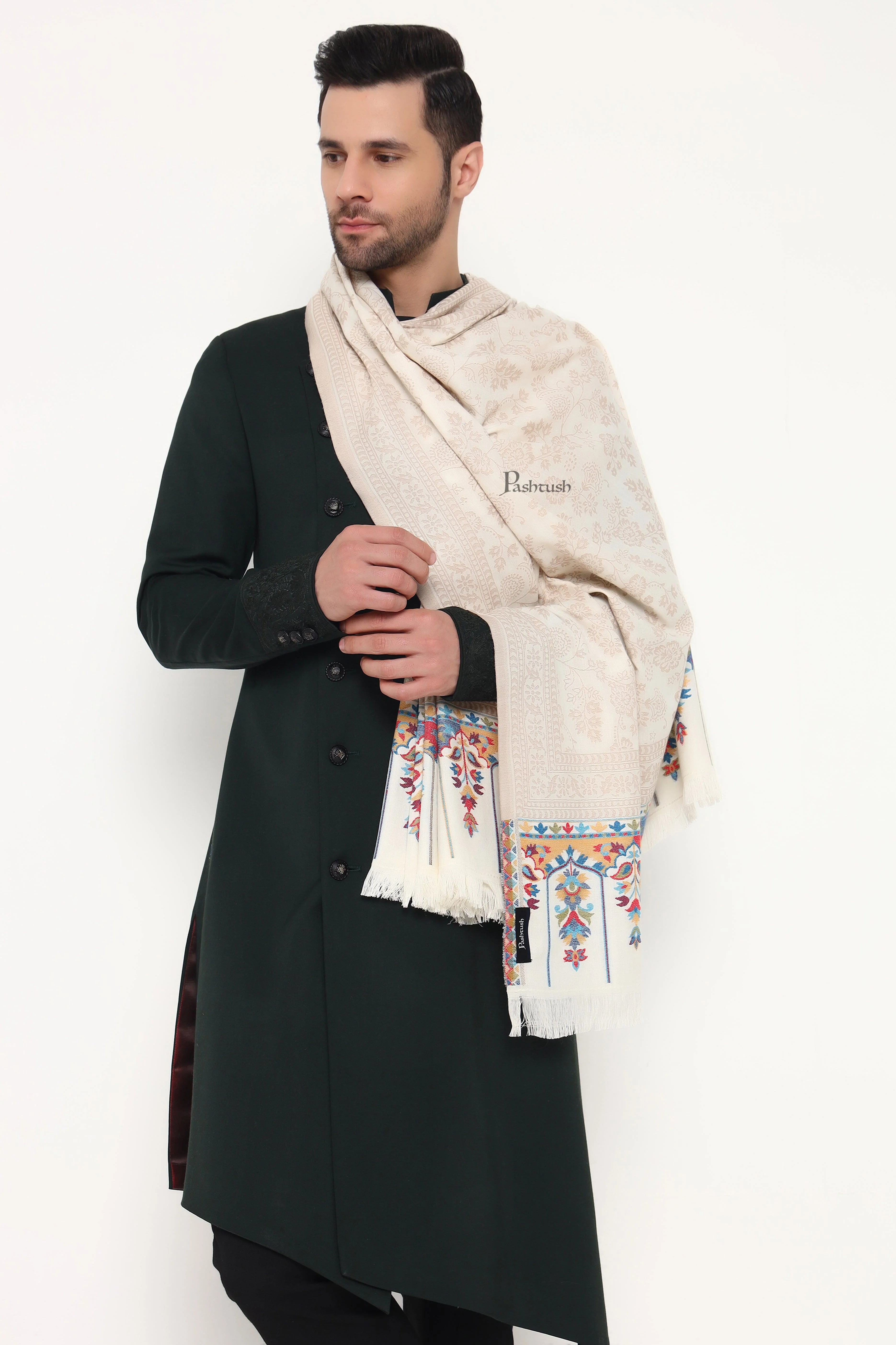 Pashtush Mens Faux Pashmina Stole, Paisley Weave Design, Ivory - Image 4