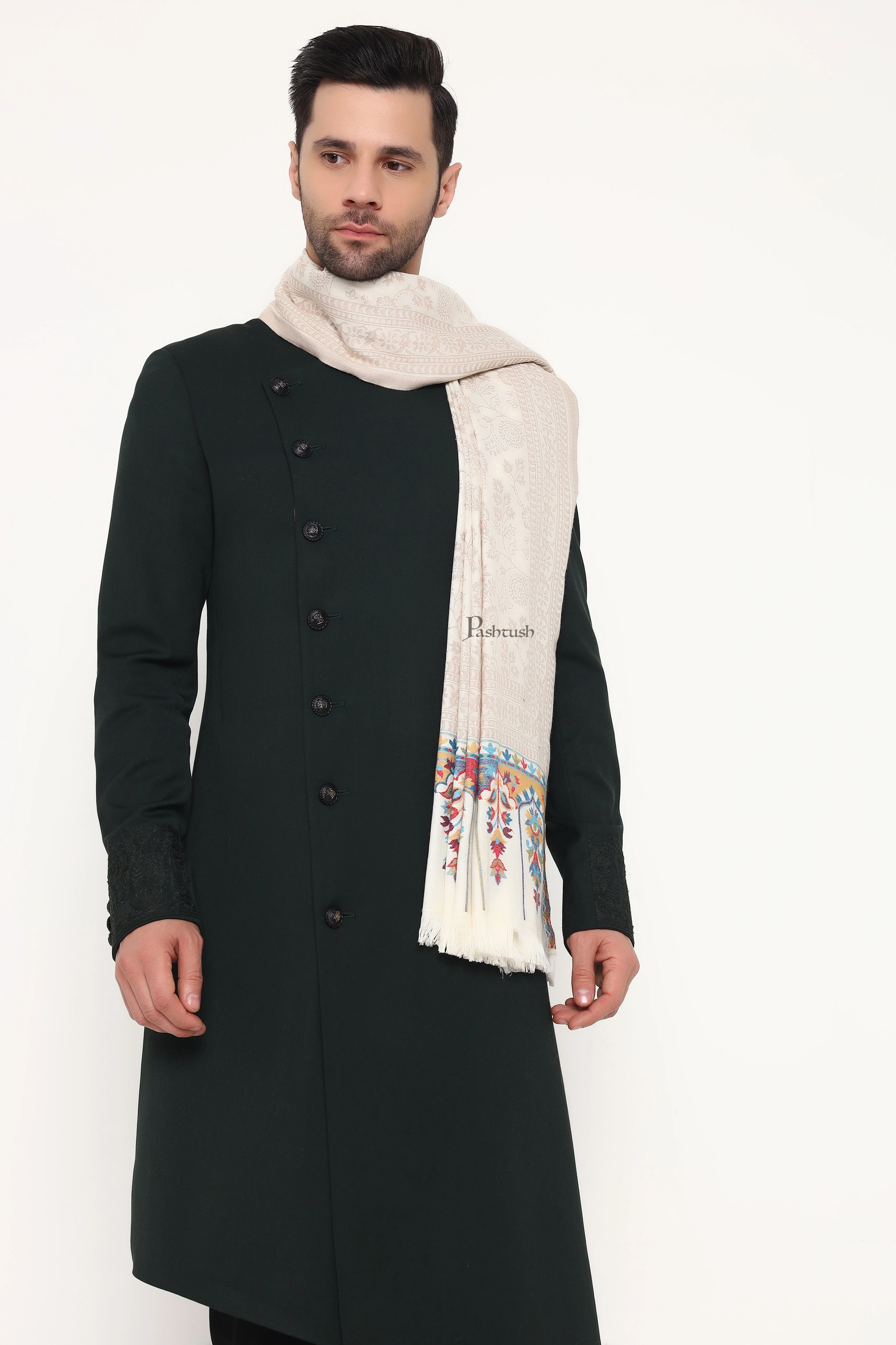 Pashtush Mens Faux Pashmina Stole, Paisley Weave Design, Ivory - Image 6
