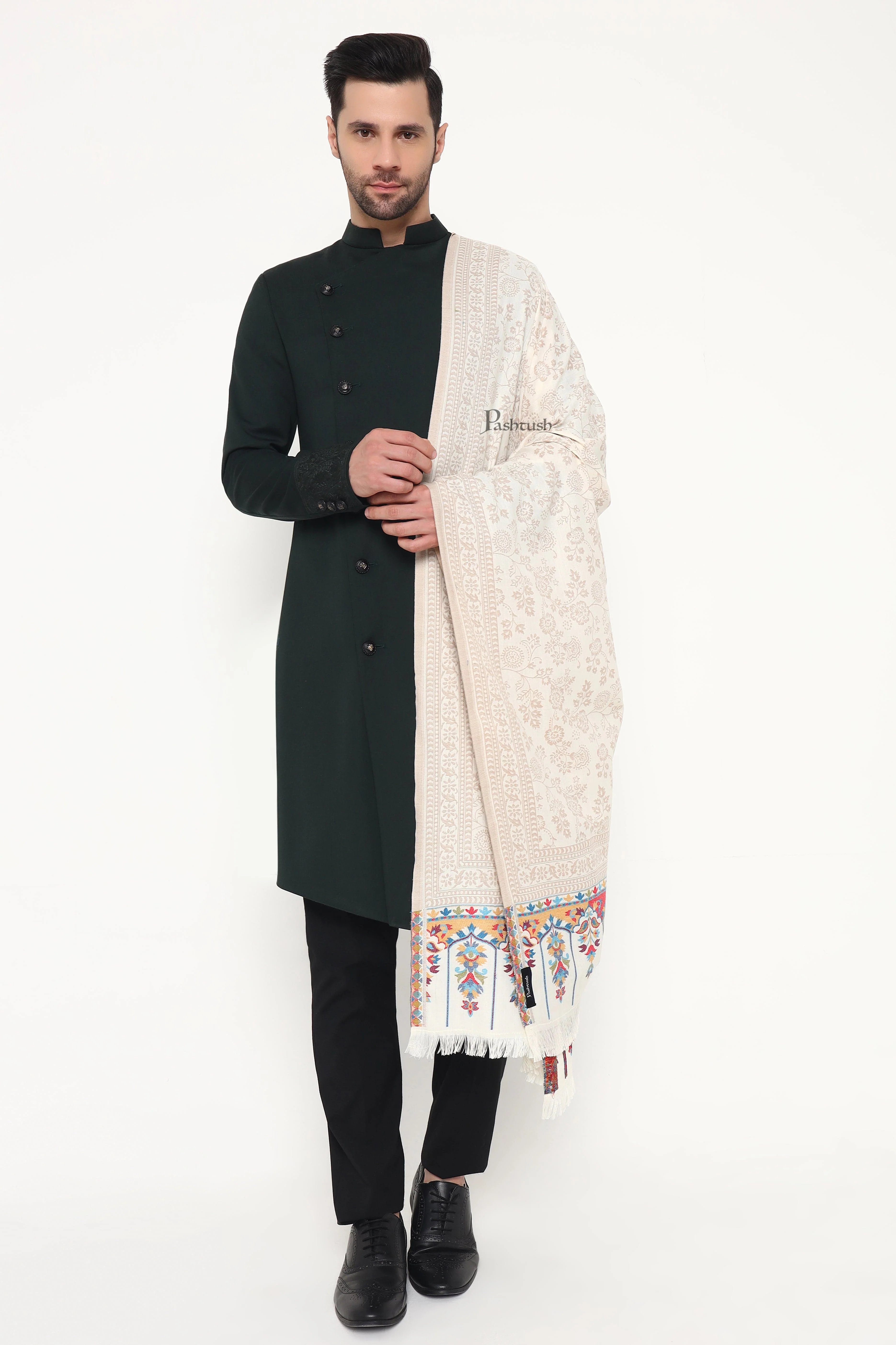 Pashtush Mens Faux Pashmina Stole, Paisley Weave Design, Ivory - Image 7