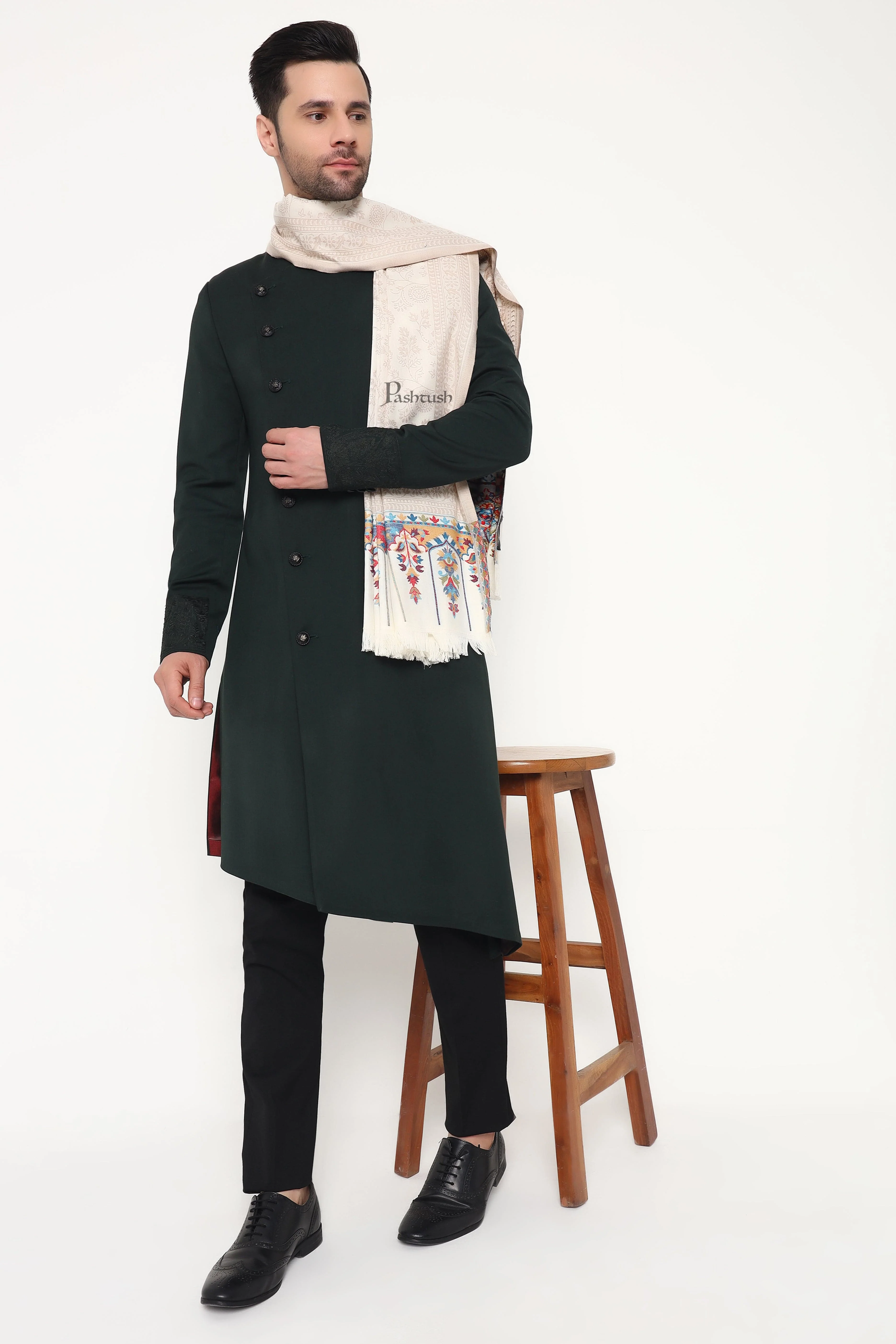 Pashtush Mens Faux Pashmina Stole, Paisley Weave Design, Ivory - Image 8