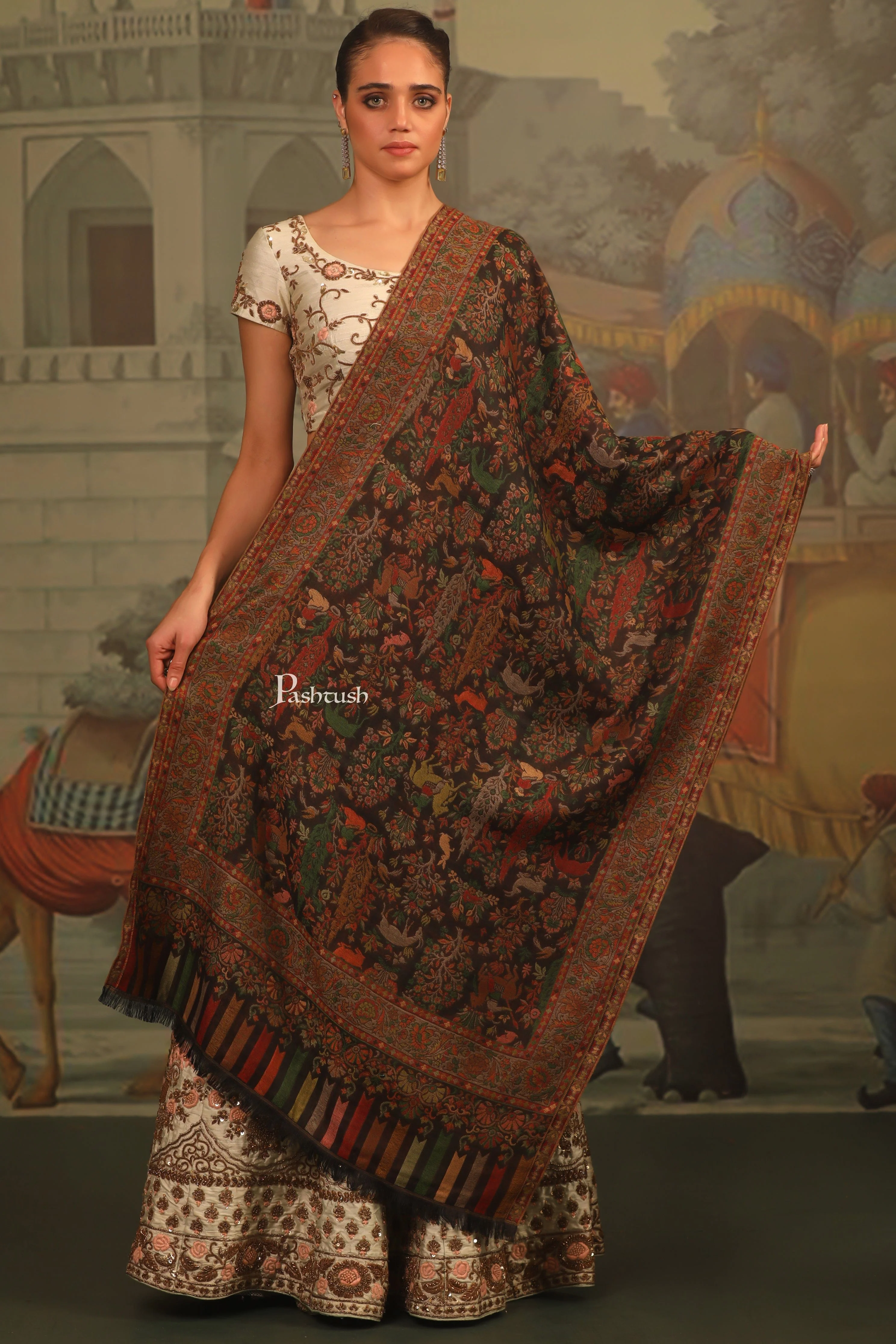 Pashtush Womens Faux Pashmina Stole, Paradise Design, Black