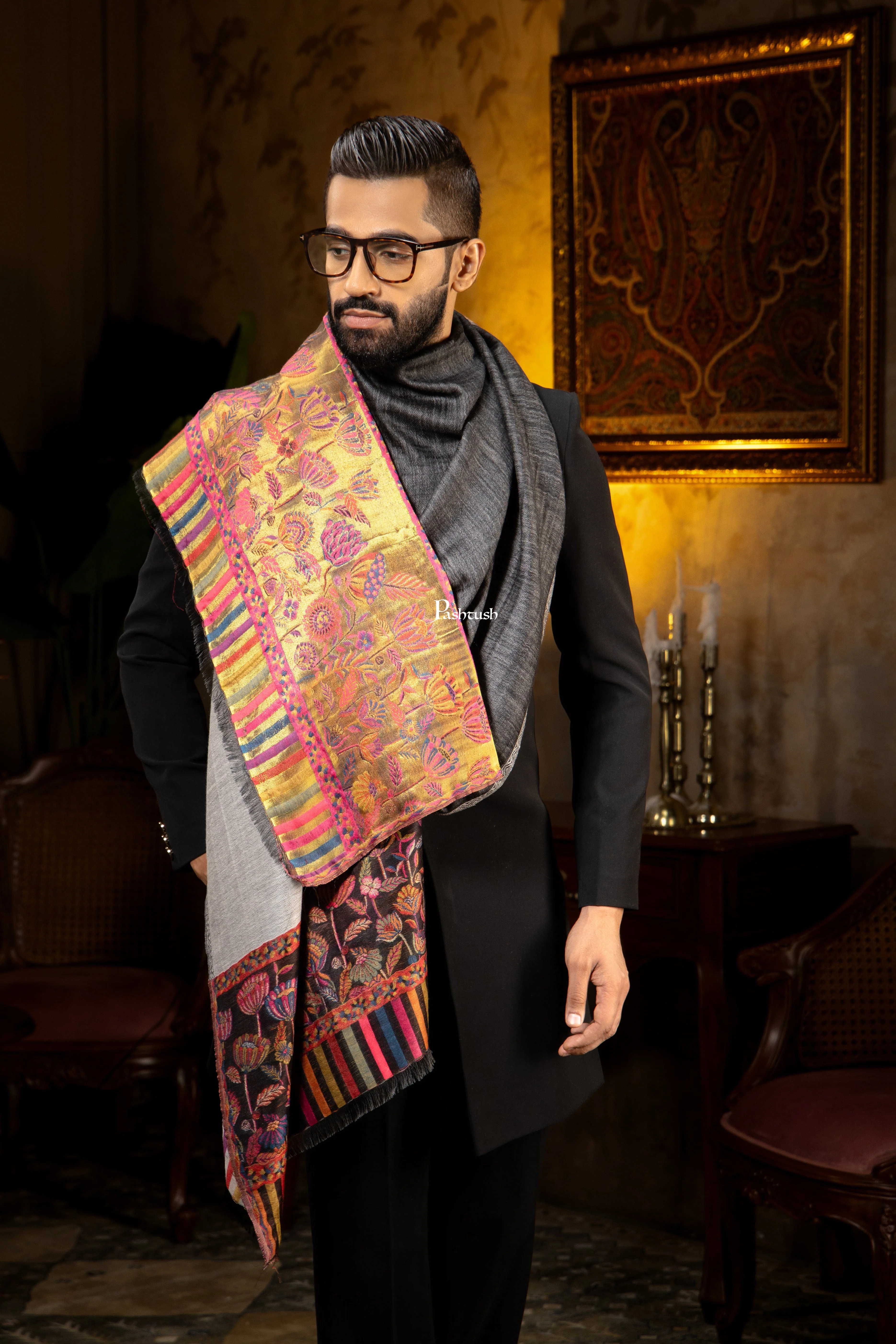 Pashtush Mens Faux Pashmina Stole, Twilight Flower Reversible Palla Design, Black