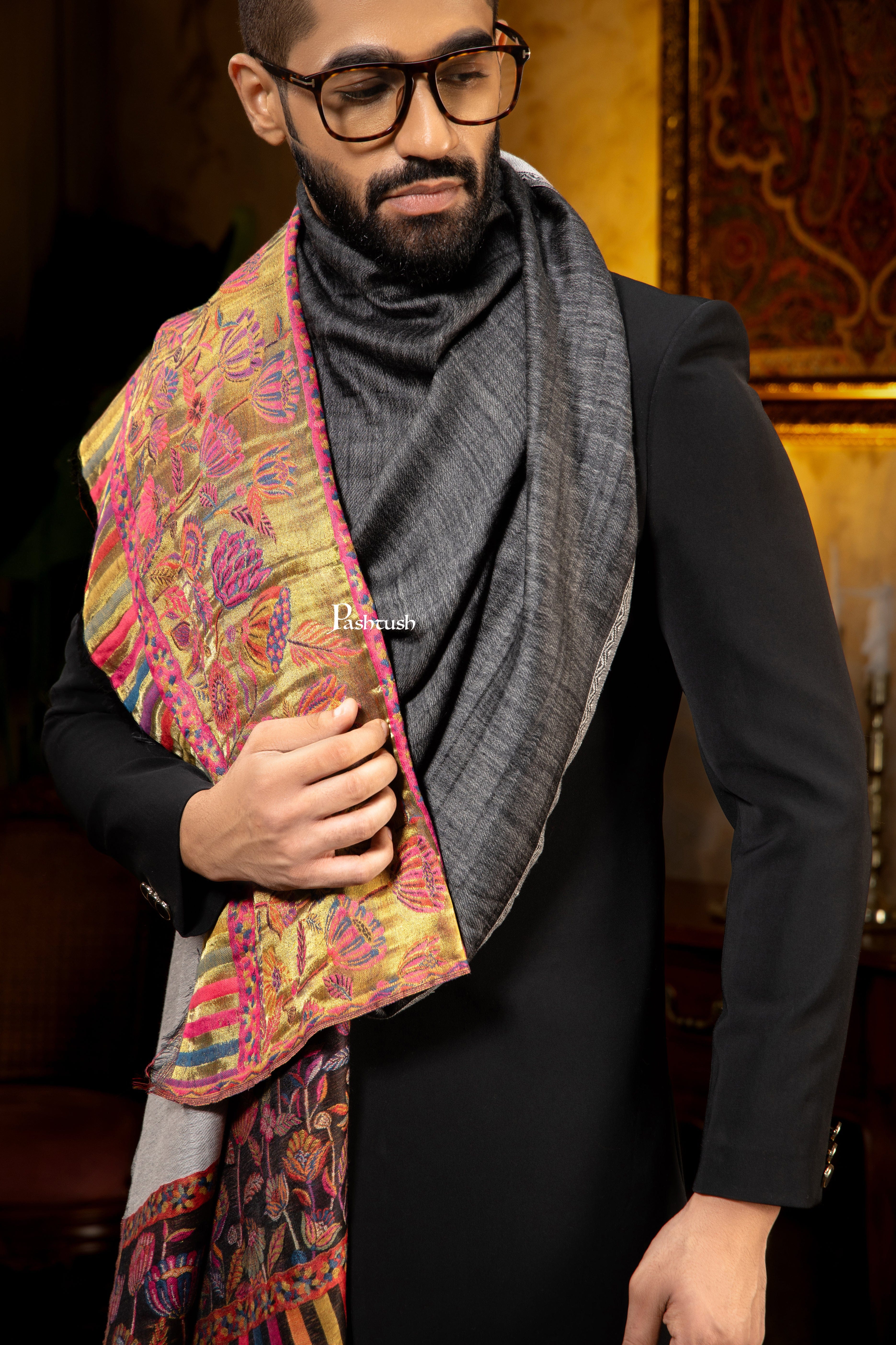 Pashtush Mens Faux Pashmina Stole, Twilight Flower Reversible Palla Design, Black - Image 2