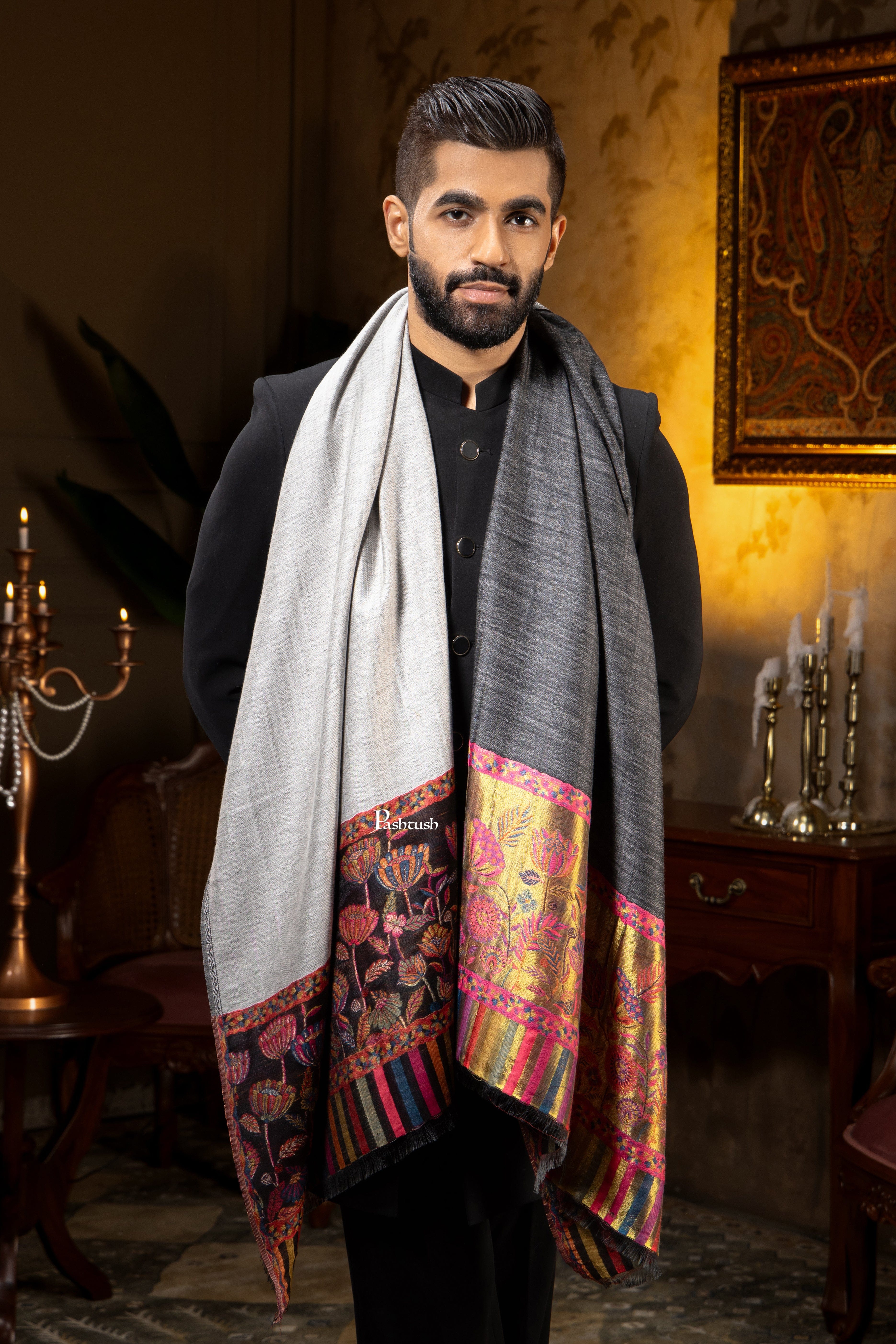 Pashtush Mens Faux Pashmina Stole, Twilight Flower Reversible Palla Design, Black - Image 3