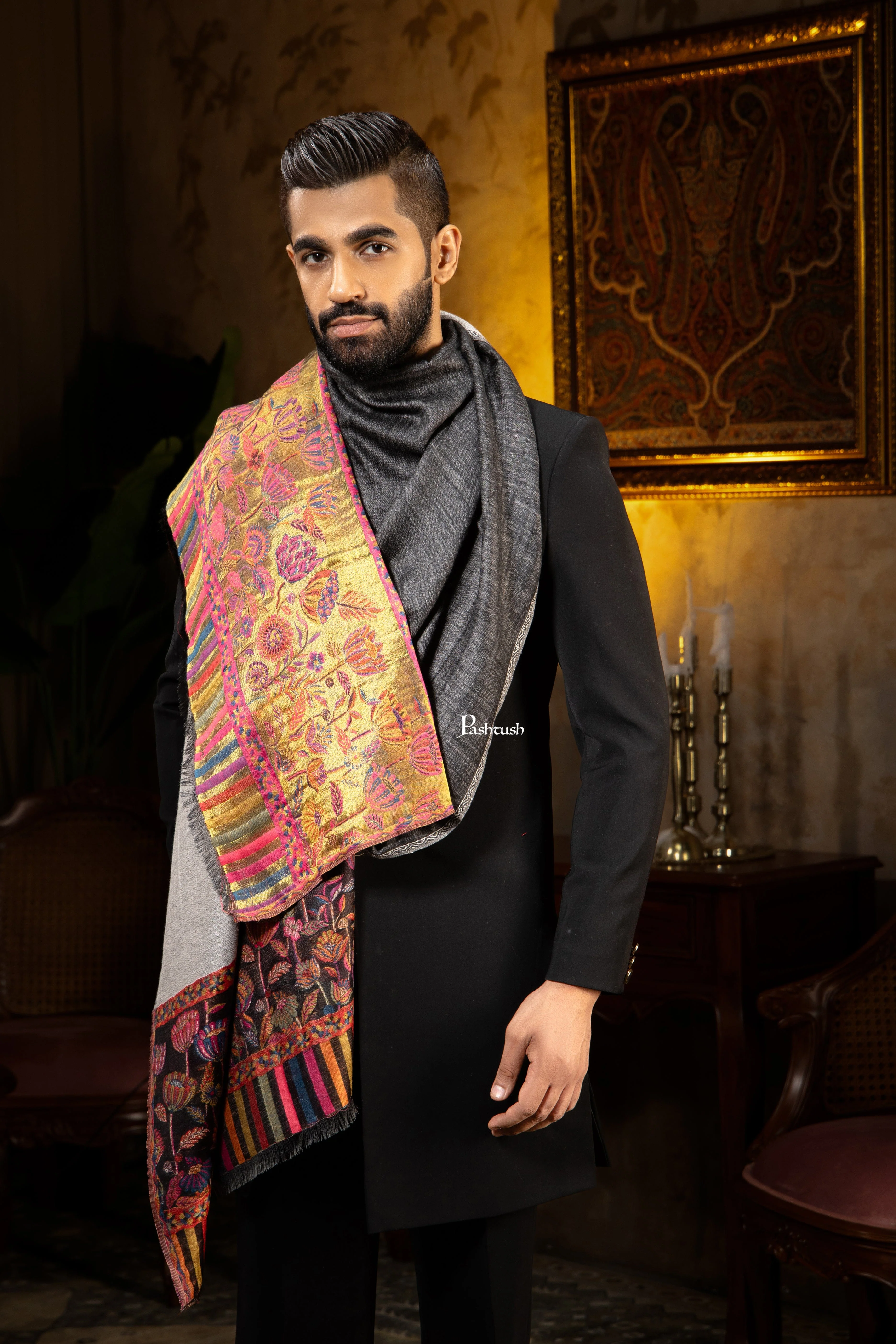 Pashtush Mens Faux Pashmina Stole, Twilight Flower Reversible Palla Design, Black - Image 4