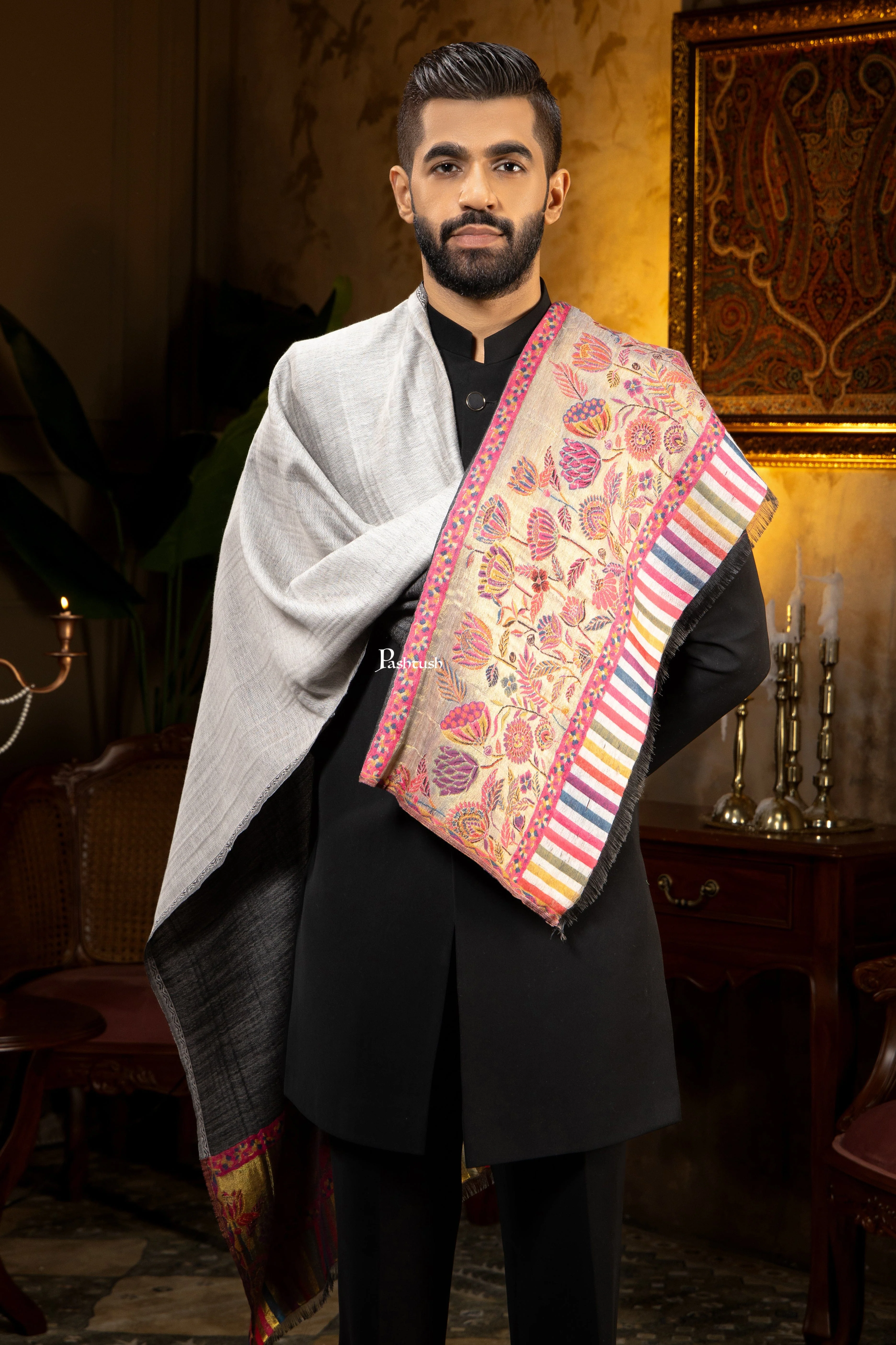 Pashtush Mens Faux Pashmina Stole, Twilight Flower Reversible Palla Design, Black - Image 6