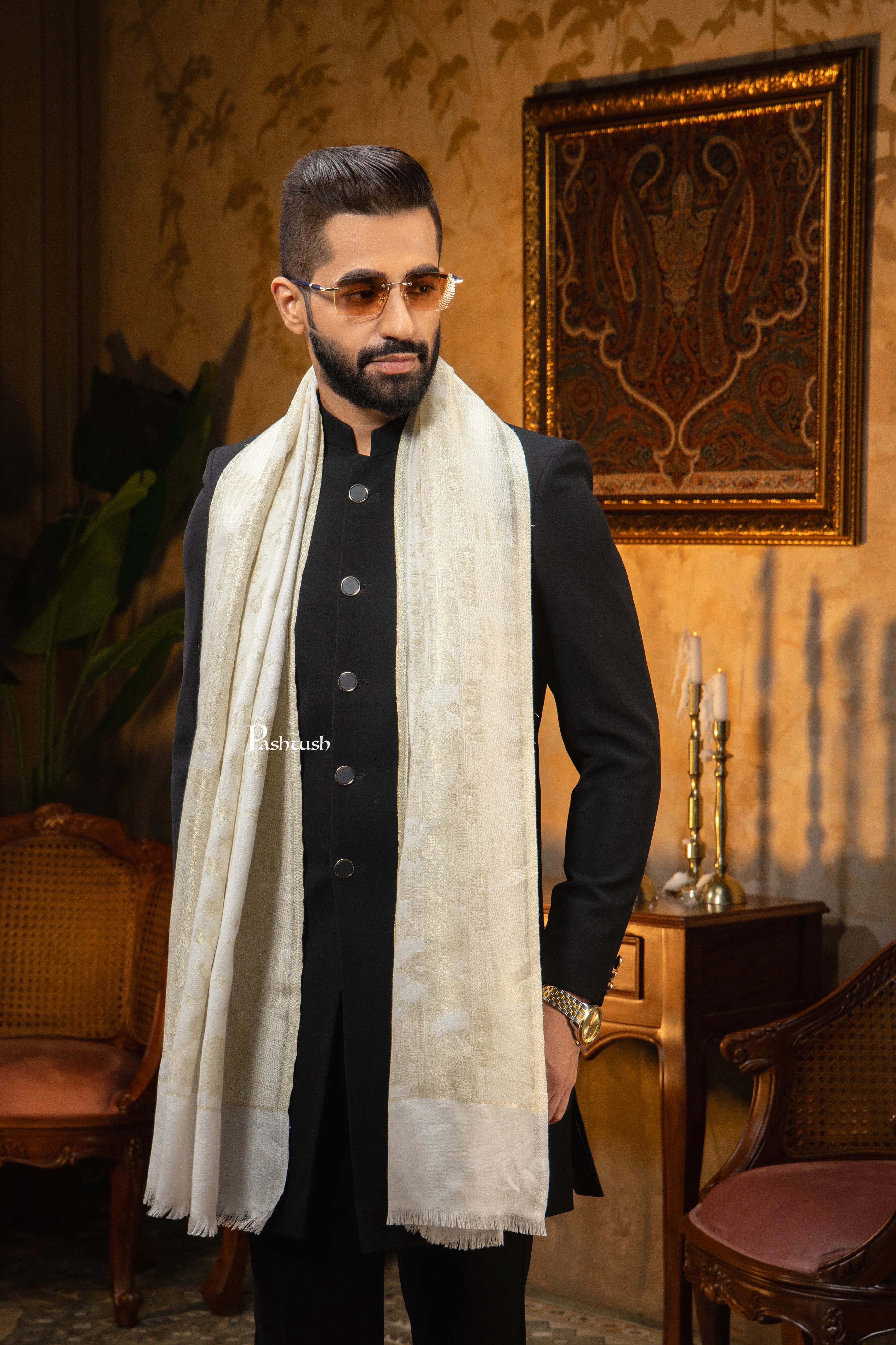 Pashtush Mens Faux Pashmina Stole, Twlight Collection Darbar Design, Ivory