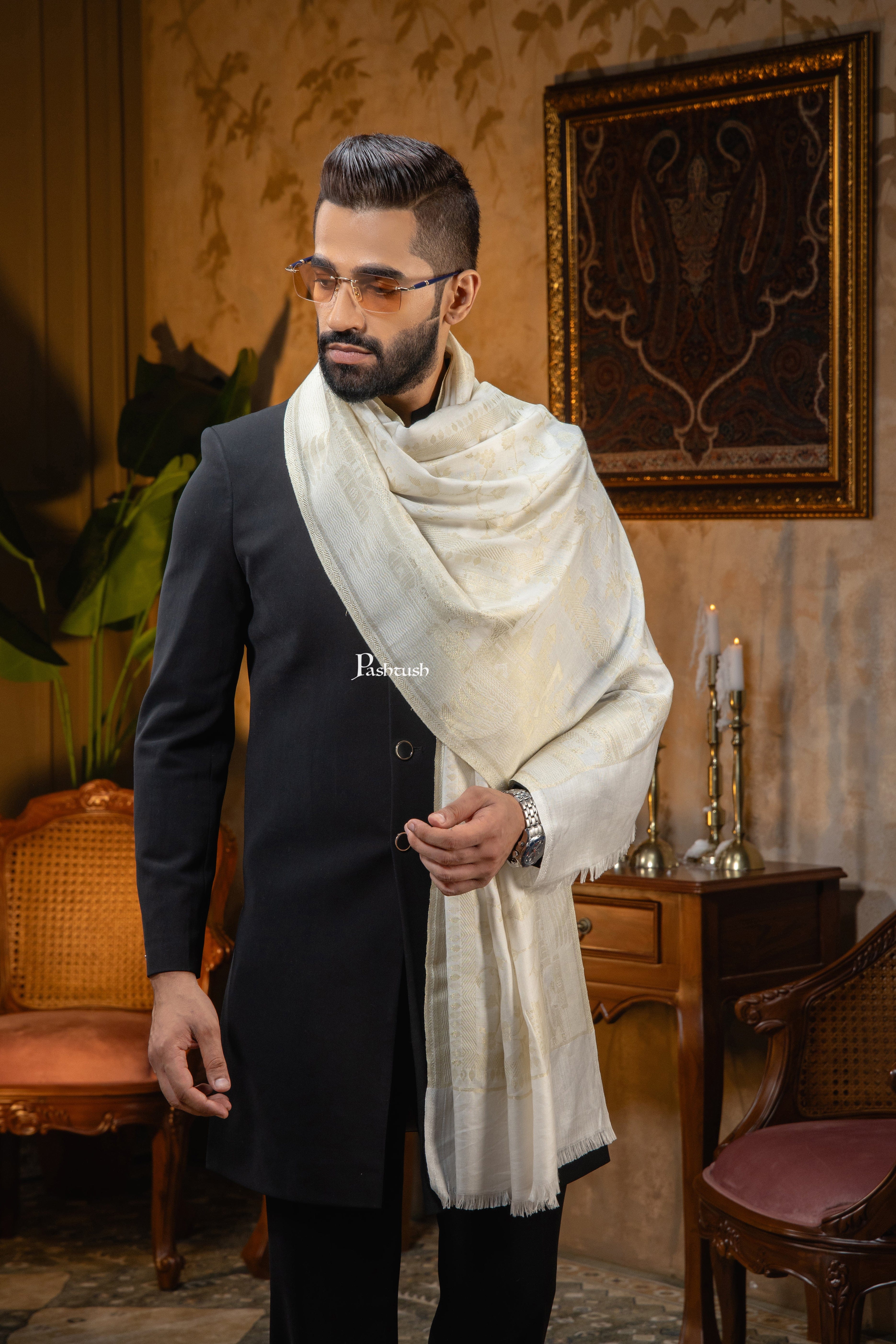 Pashtush Mens Faux Pashmina Stole, Twlight Collection Darbar Design, Ivory - Image 3