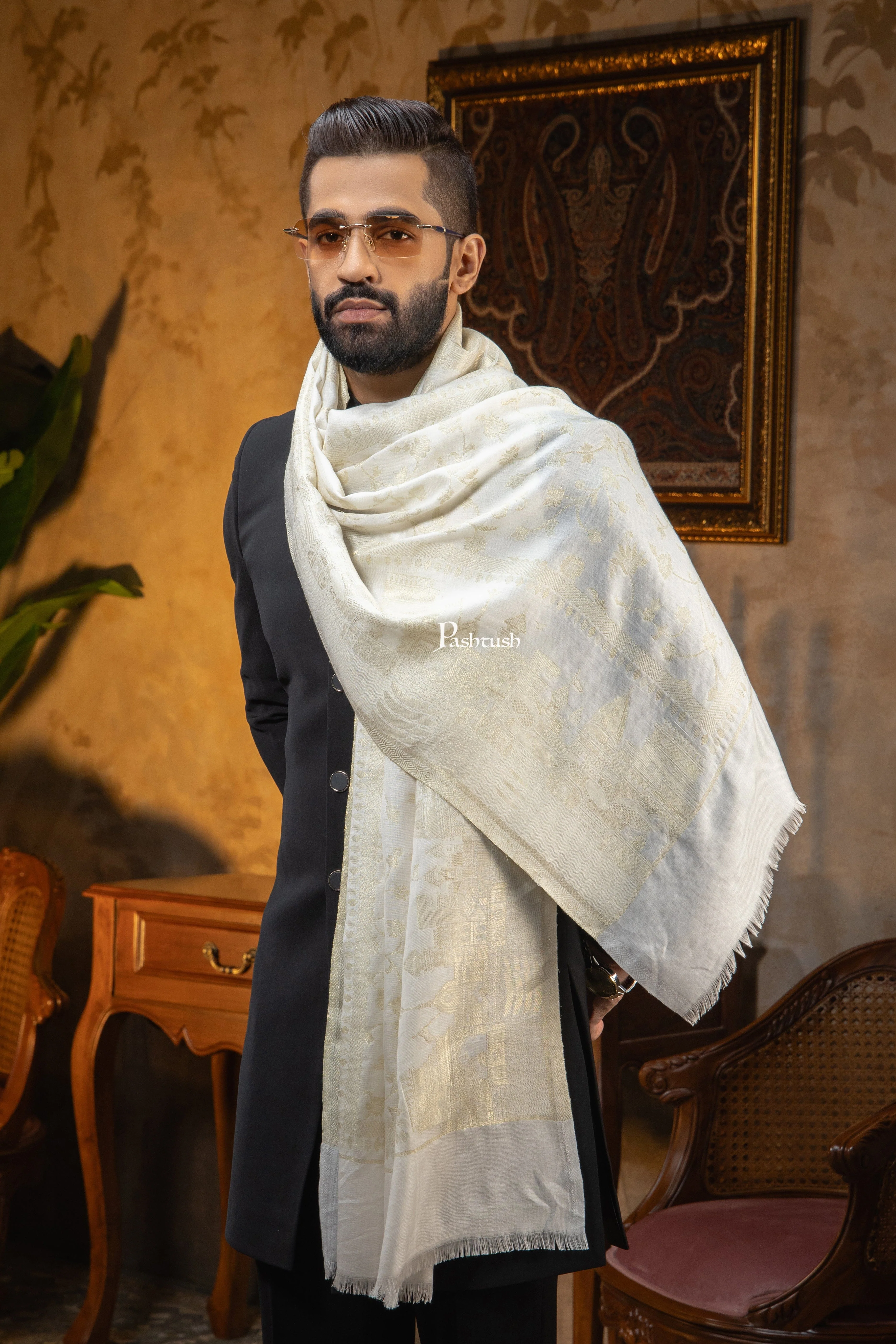 Pashtush Mens Faux Pashmina Stole, Twlight Collection Darbar Design, Ivory - Image 4