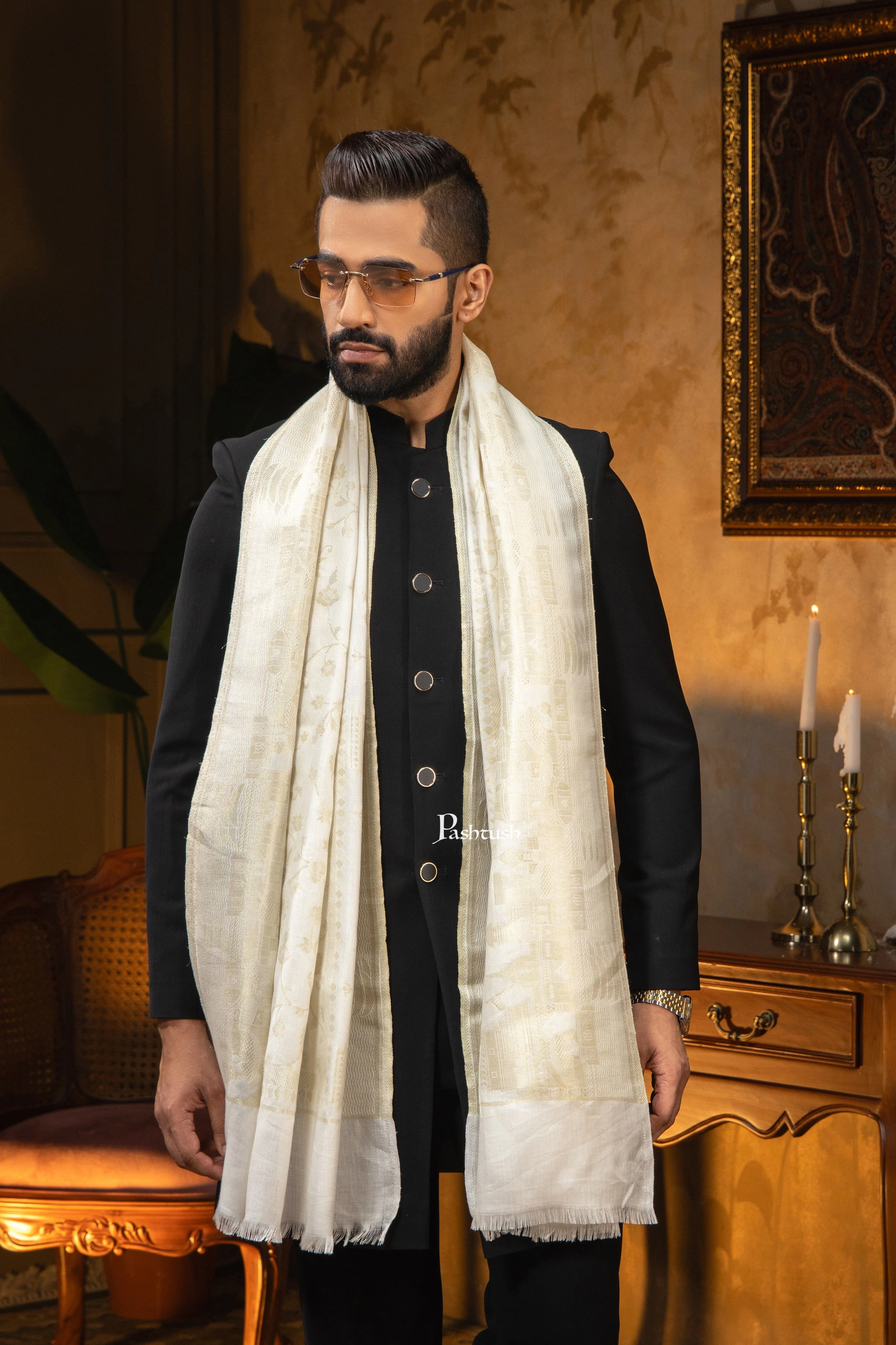 Pashtush Mens Faux Pashmina Stole, Twlight Collection Darbar Design, Ivory - Image 5