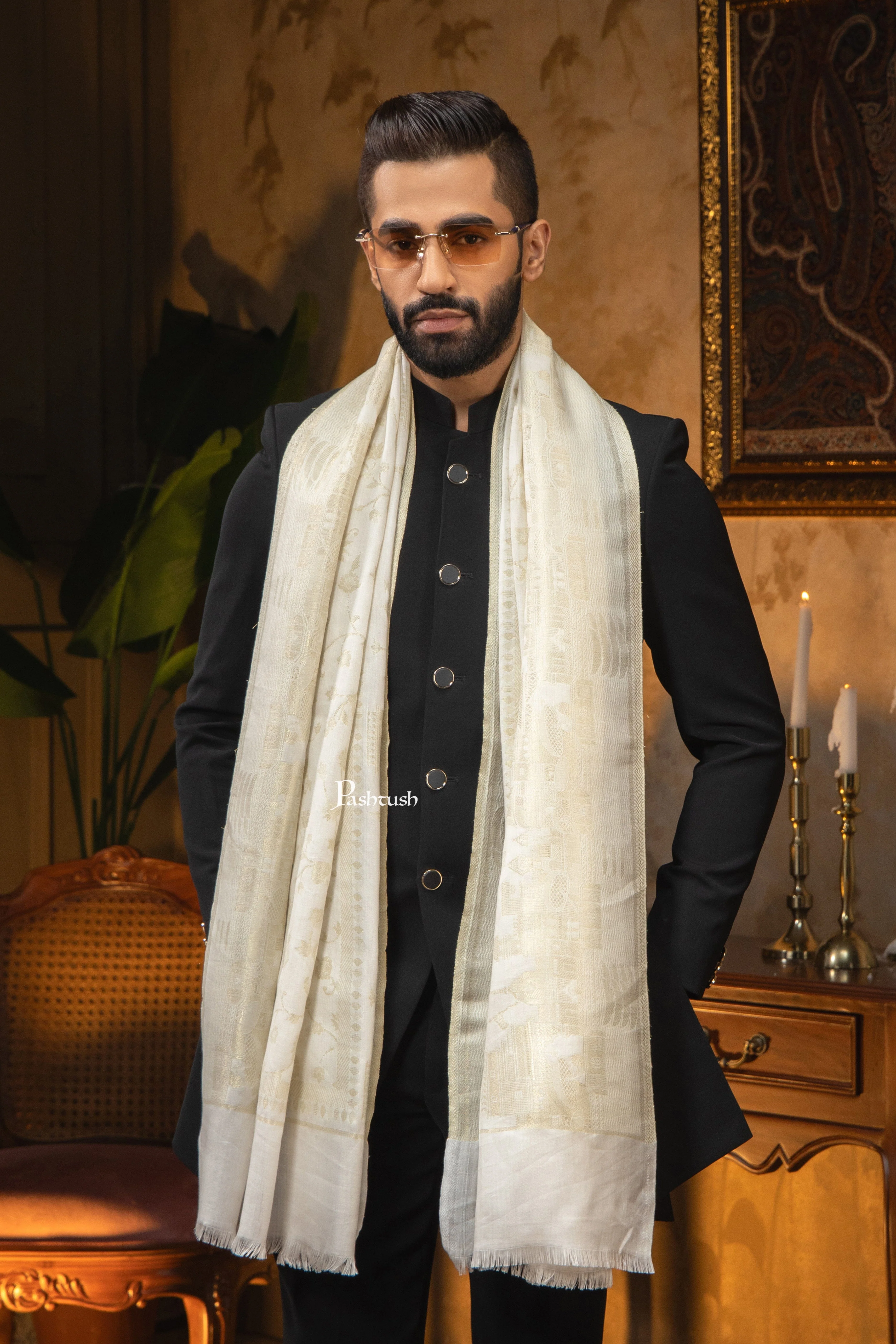 Pashtush Mens Faux Pashmina Stole, Twlight Collection Darbar Design, Ivory - Image 6