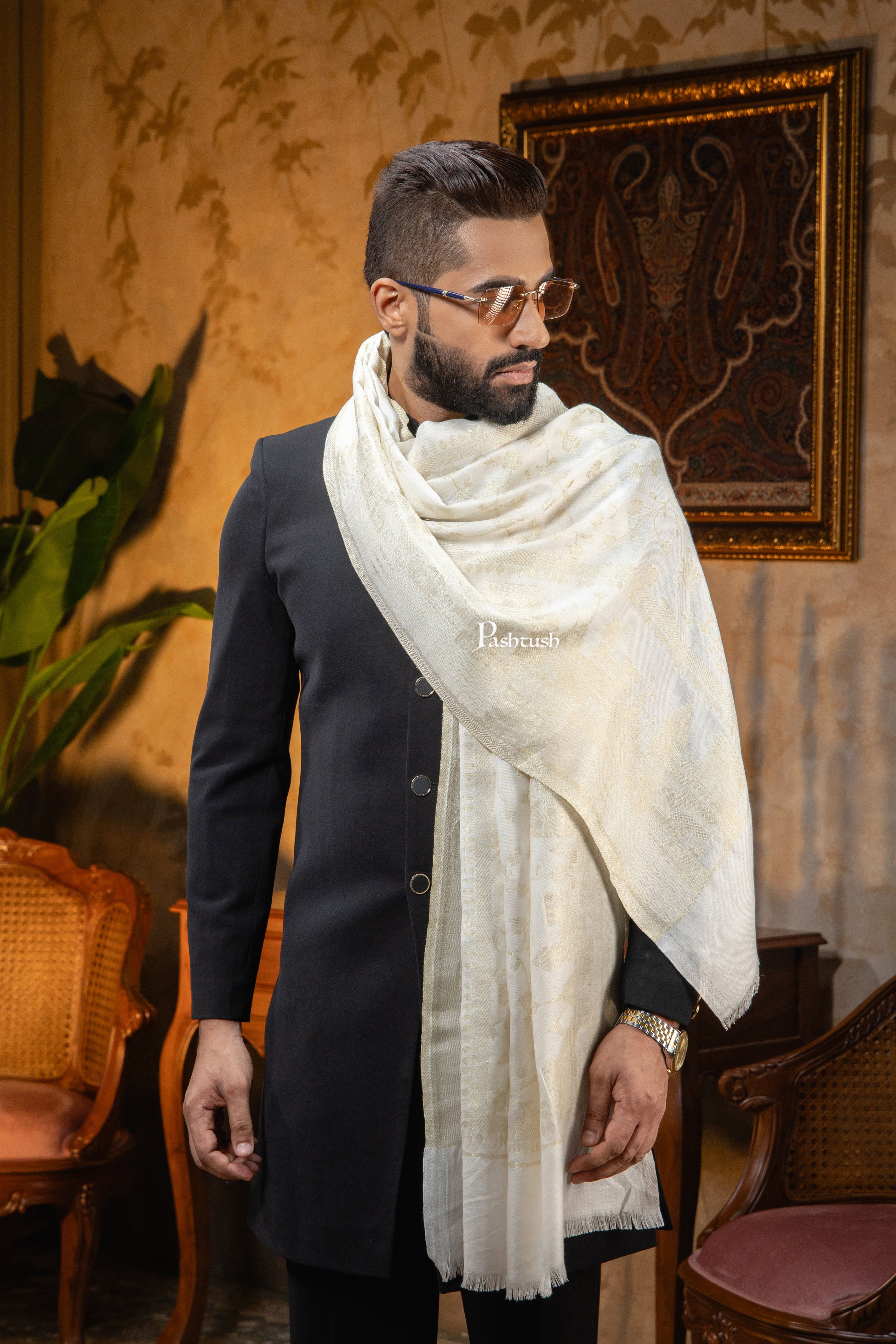 Pashtush Mens Faux Pashmina Stole, Twlight Collection Darbar Design, Ivory - Image 7