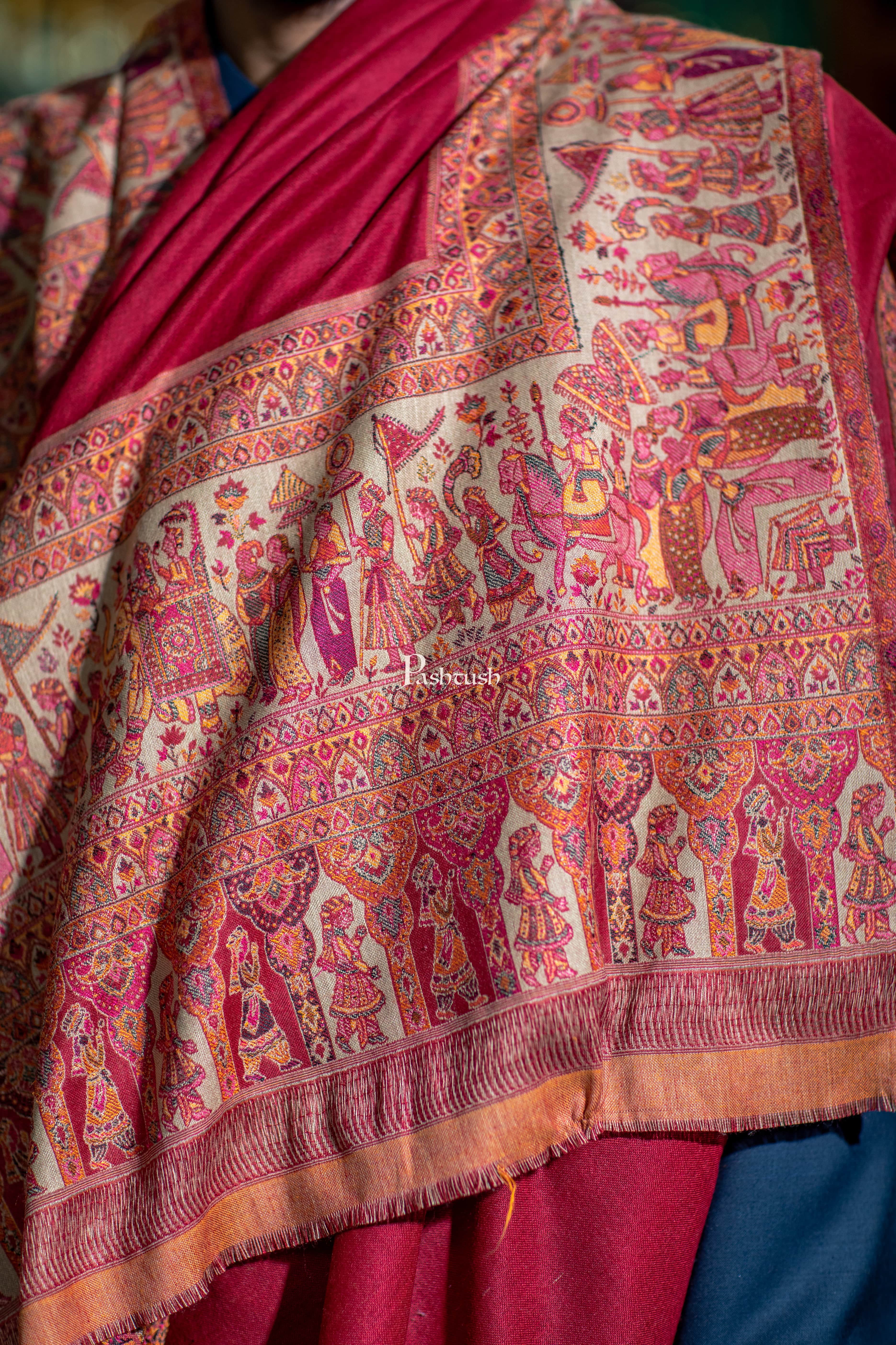 Pashtush Mens Faux Pashmina Stole, Woven Darbar Palla Design, Maroon - Image 2