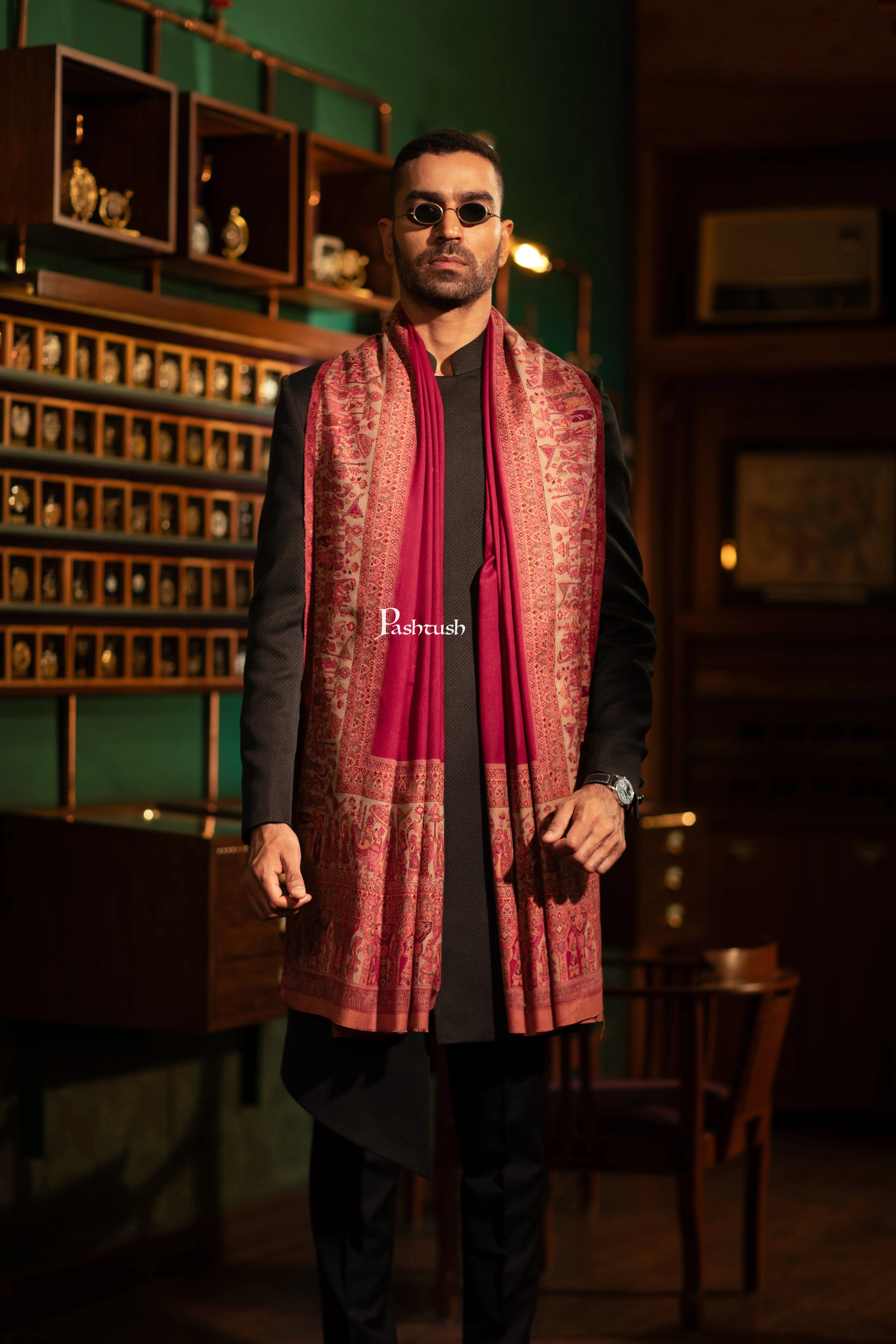 Pashtush Mens Faux Pashmina Stole, Woven Darbar Palla Design, Maroon - Image 4