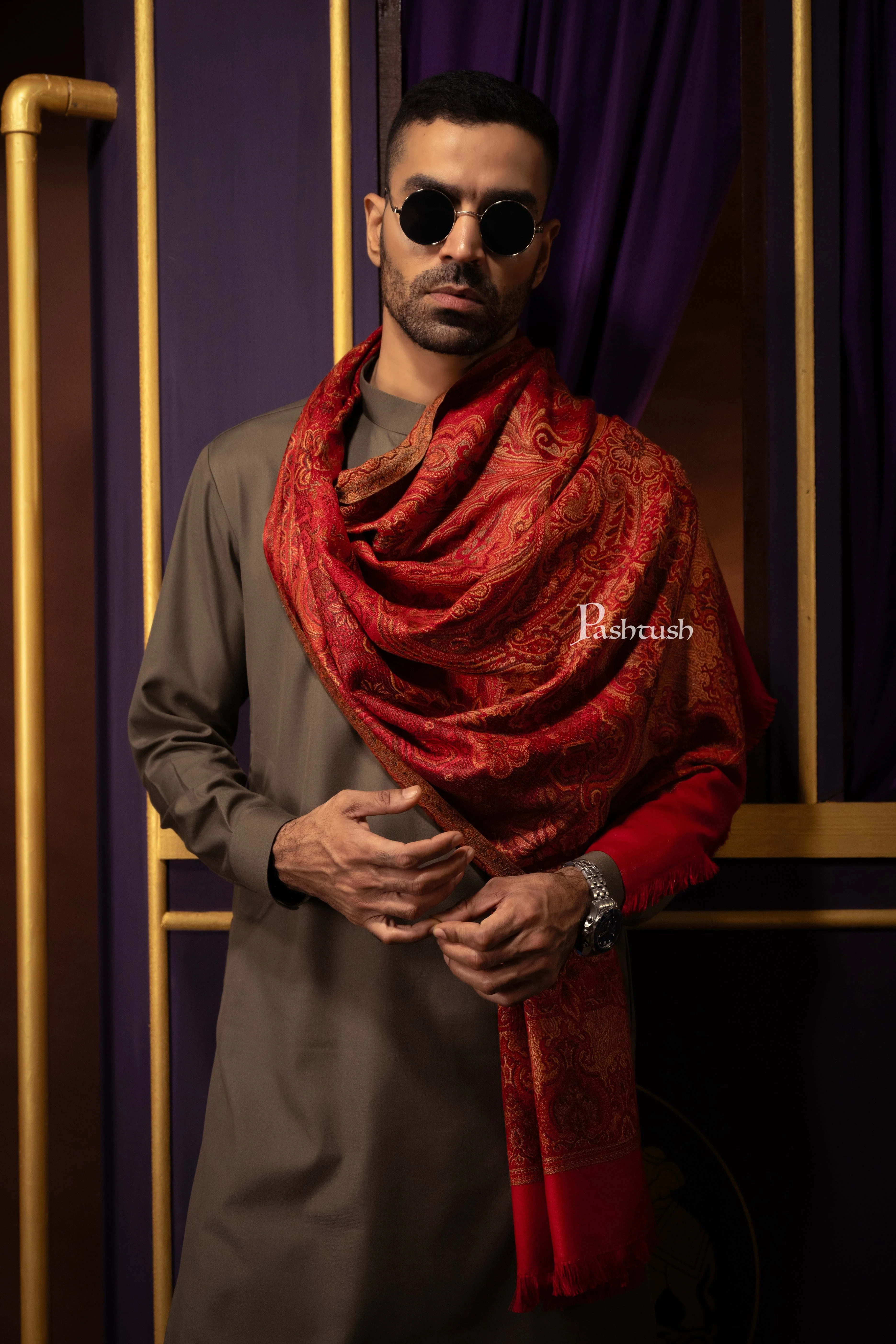 Pashtush Mens Jamawar Stole, Woven Design, Maroon