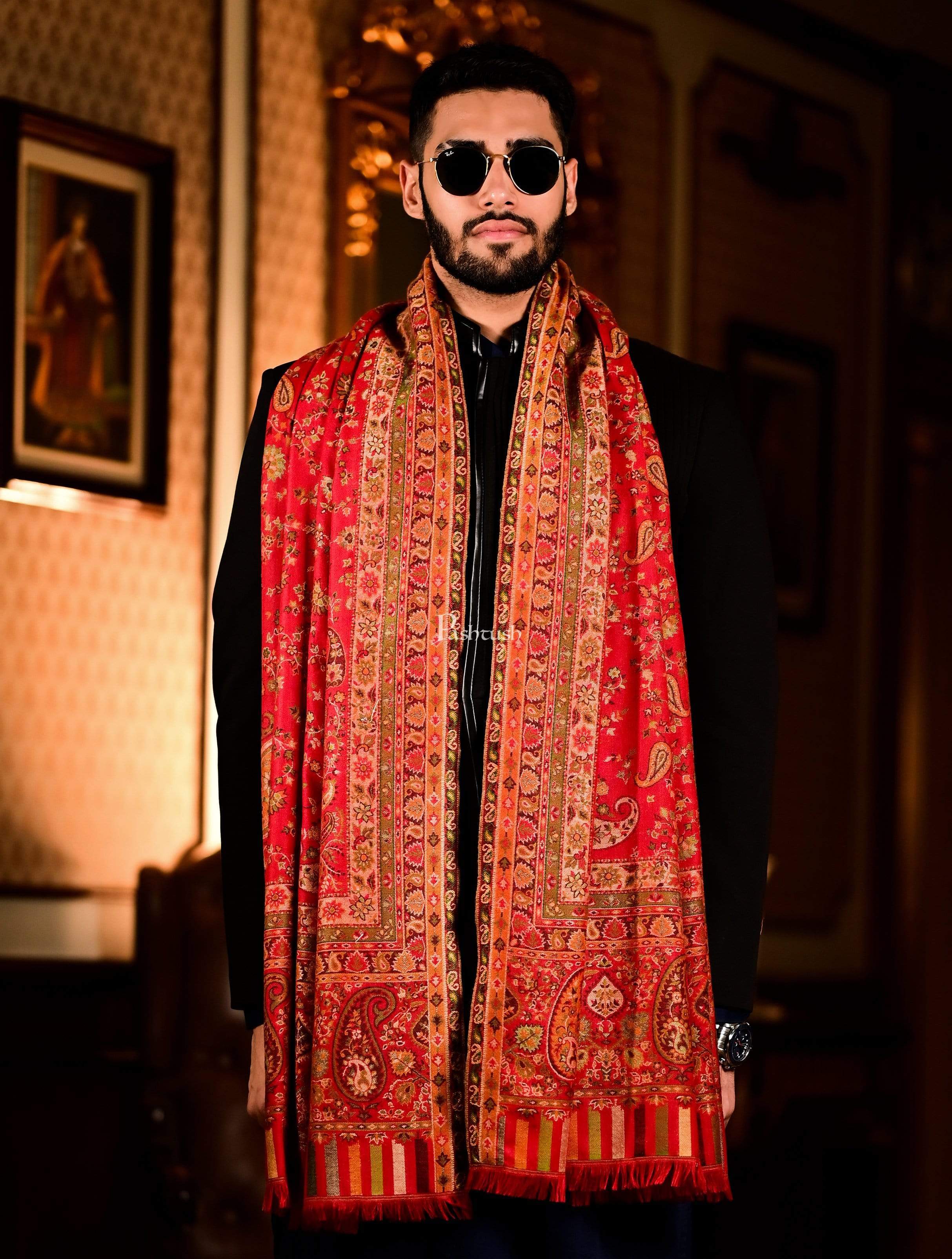 Pashtush Mens Faux Pashmina Woven Design Ethnic Stole, Red