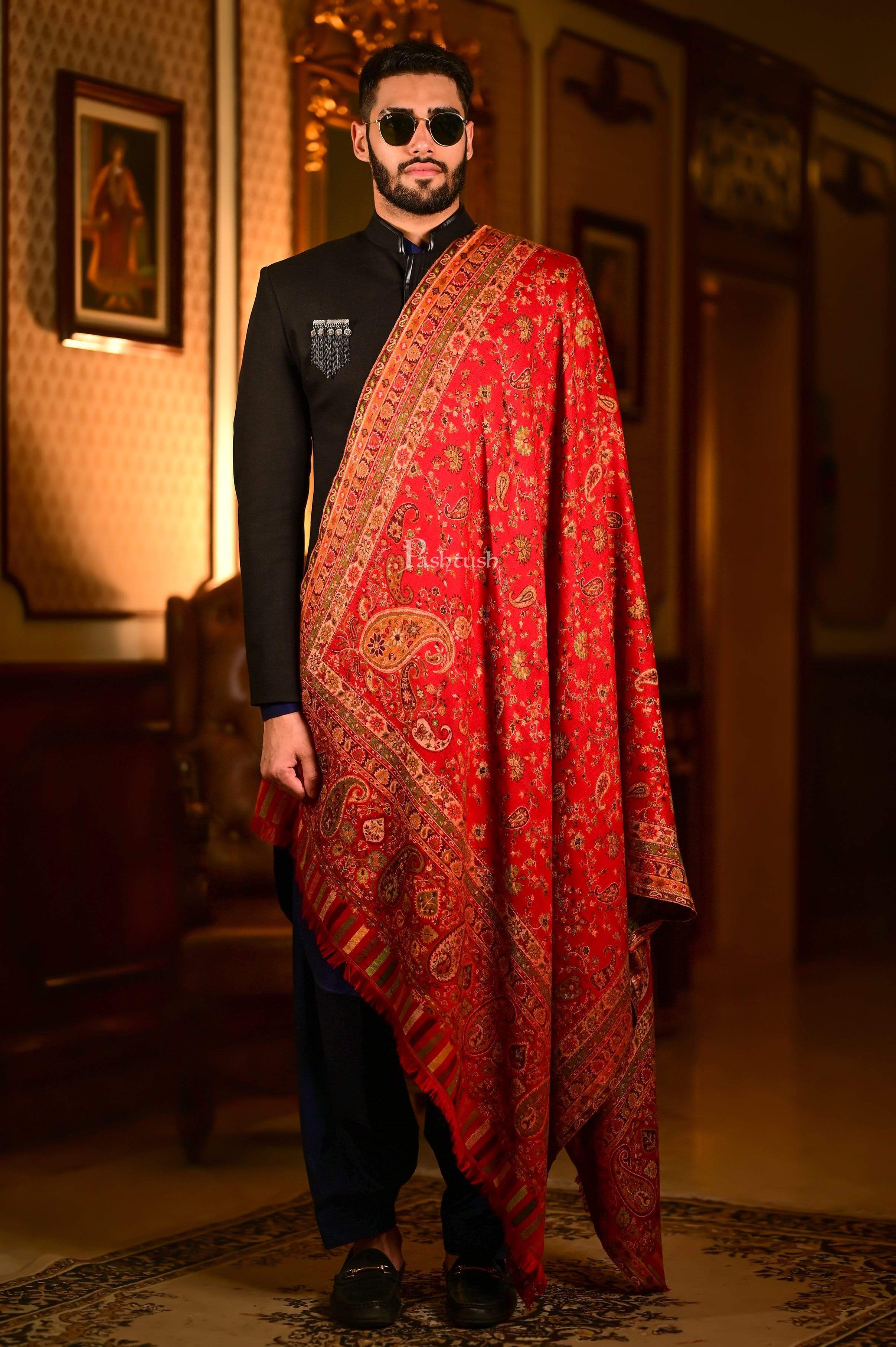 Pashtush Mens Faux Pashmina Woven Design Ethnic Stole, Red - Image 5