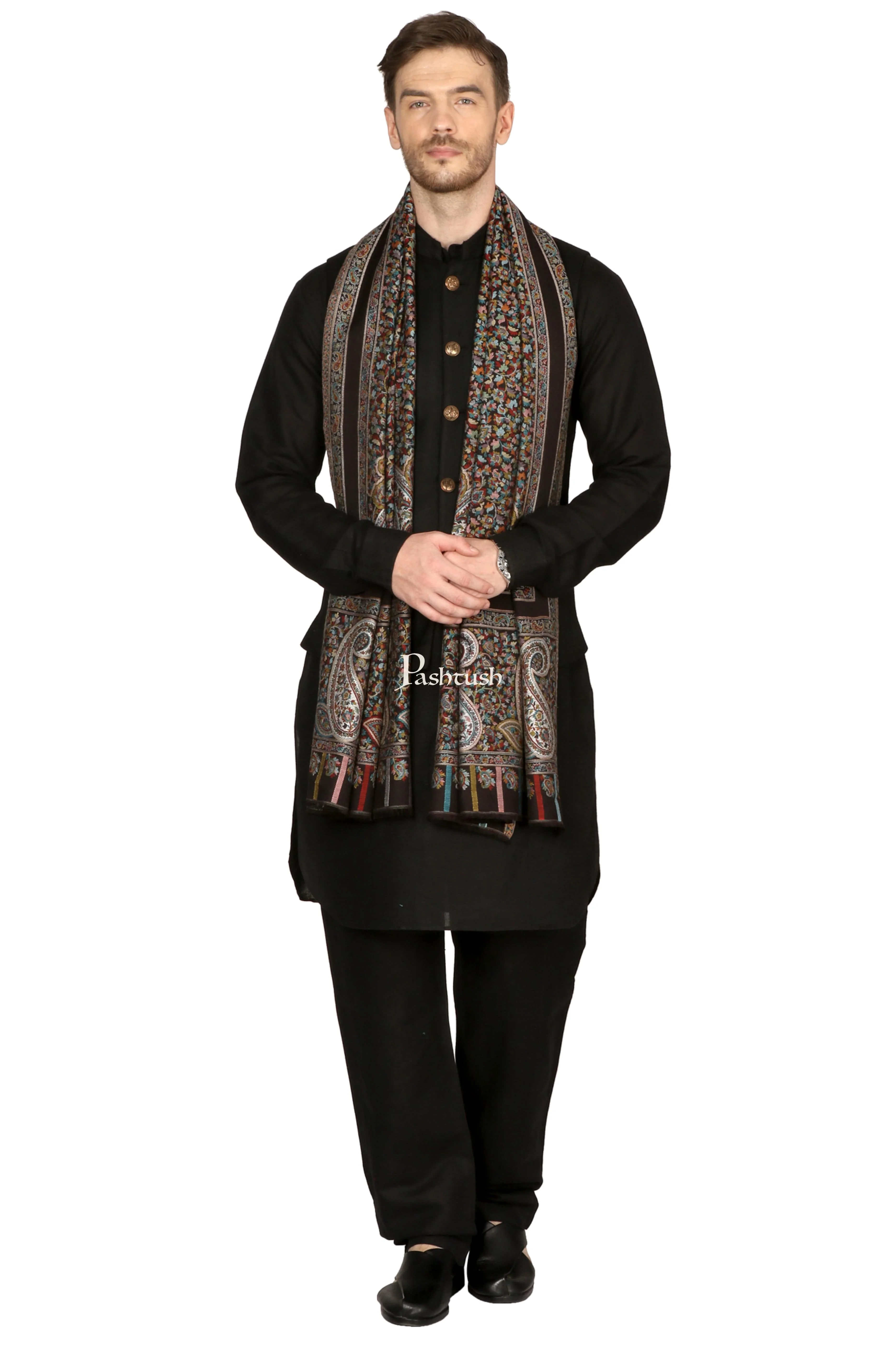 Pashtush Mens Ethnic Fine Extra Soft Stole (70 X 200 Cm ) Black - Image 4