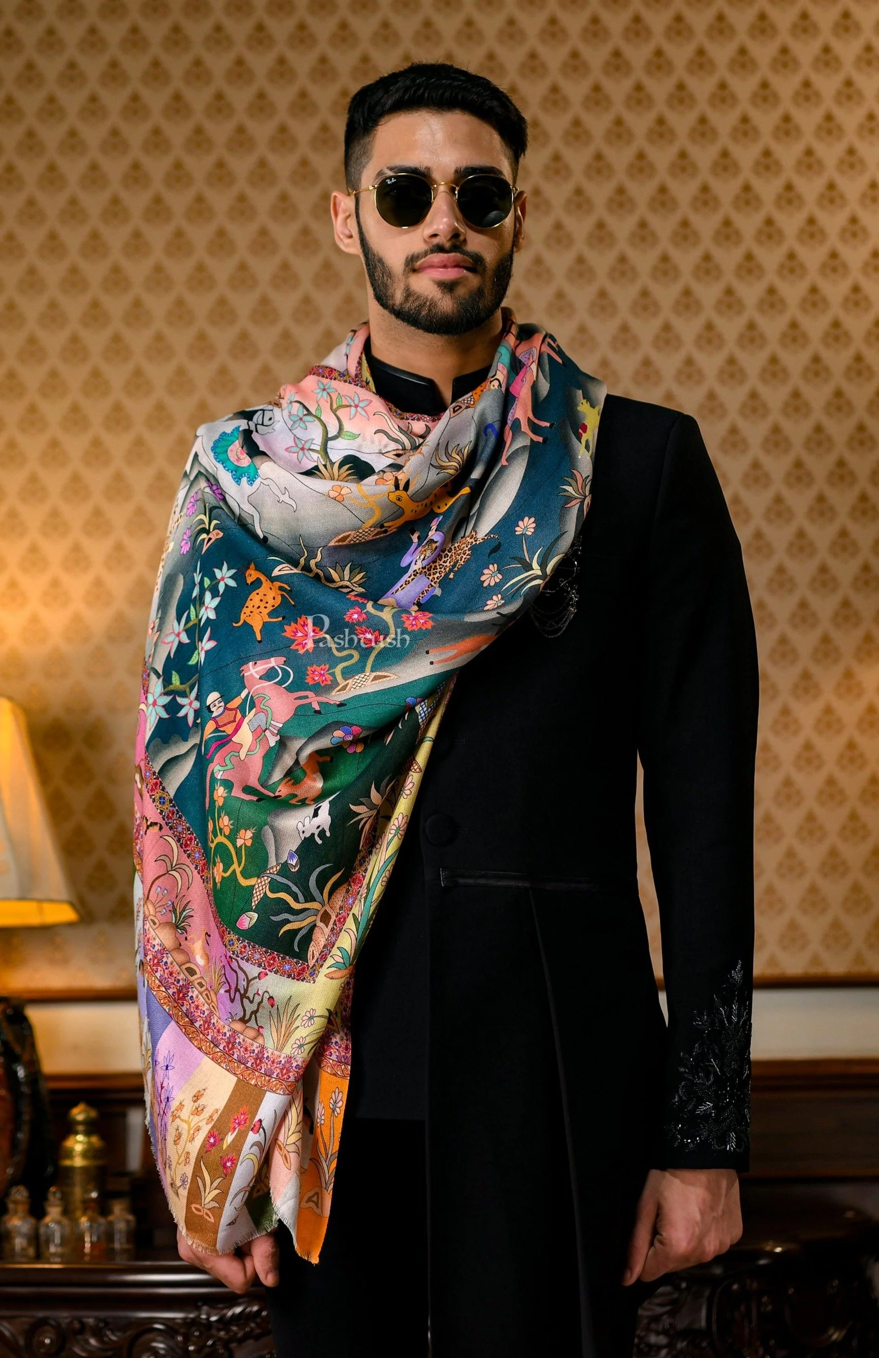 Pashtush Mens Fine Soft Bamboo Stole, Shikaardar Print Design