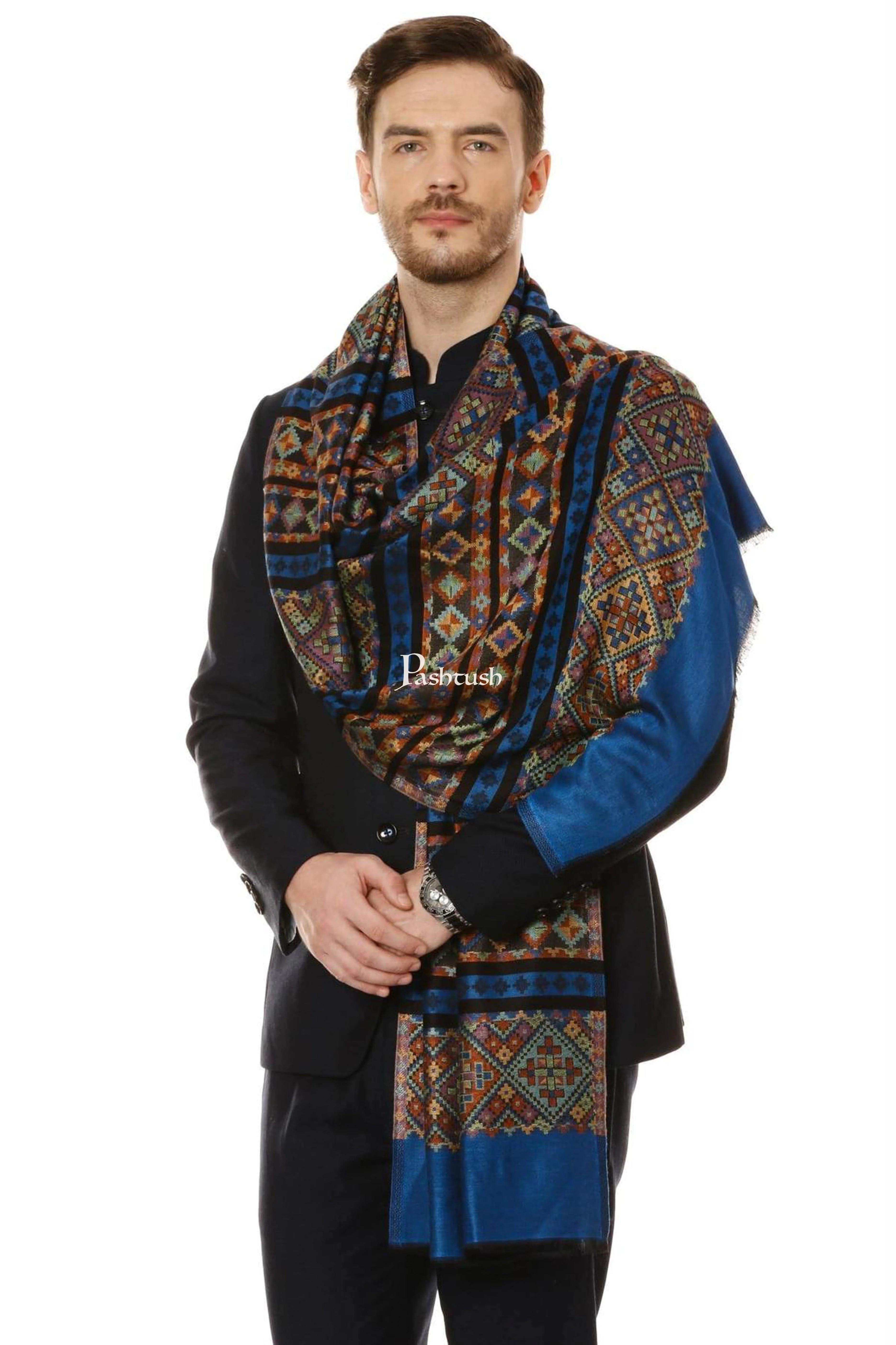 Pashtush Mens Fine Bamboo Soft Aztec Ethnic Stole - Blue - Image 3