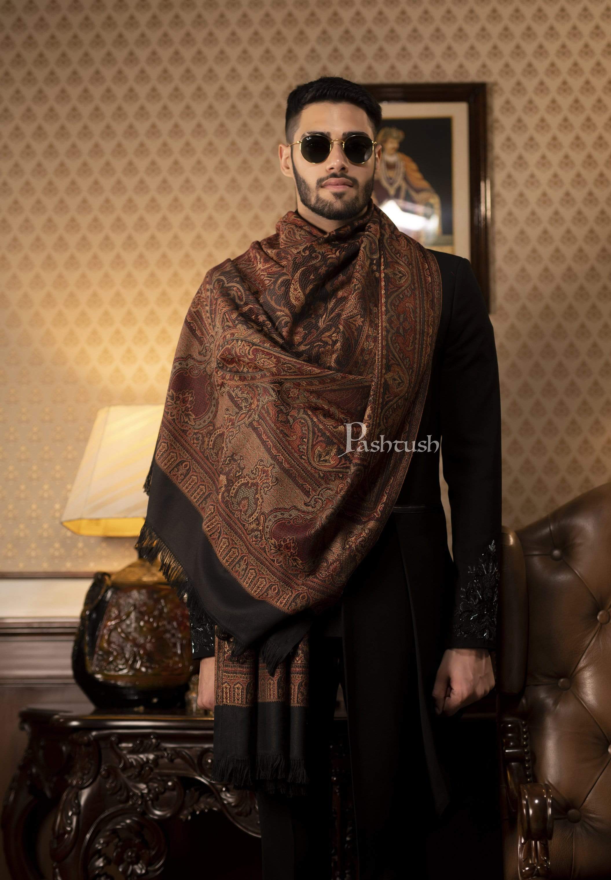 Pashtush Mens Jamawar Stole, Fine Soft Ethnic, Black