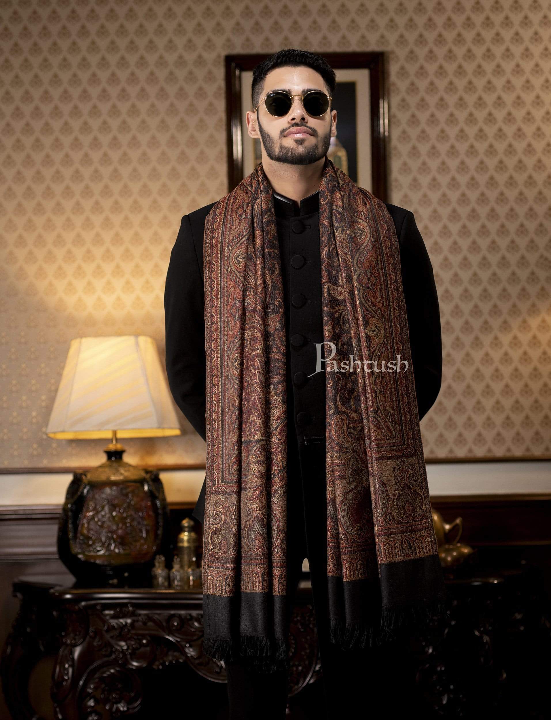 Pashtush Mens Jamawar Stole, Fine Soft Ethnic, Black - Image 3