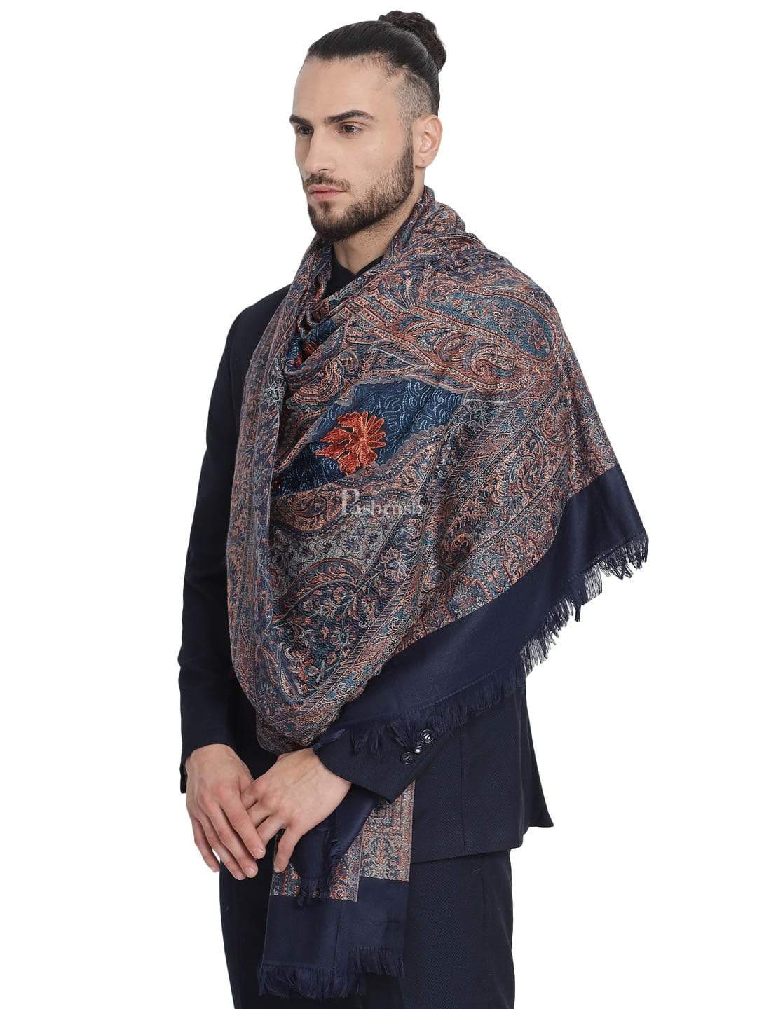 Pashtush Mens Fine Soft Ethnic Stole Navy Blue - Image 5